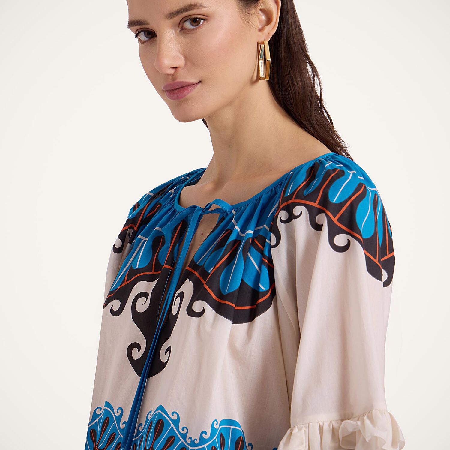 La Doublej Boho Tie-detailed Printed Cotton Peplum Blouse In Pacific Placée Blue Petrol