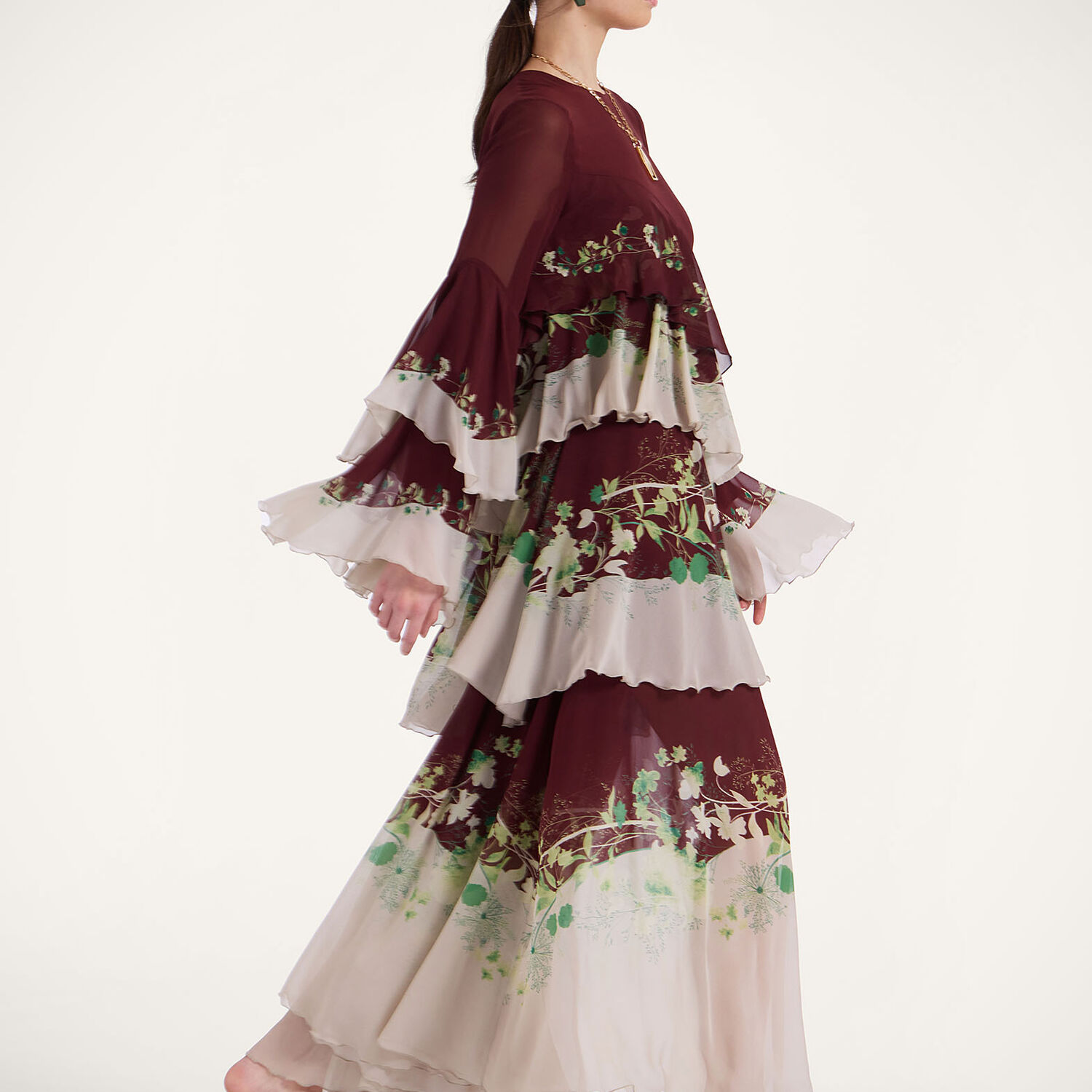 La Doublej Naiad Floral Tiered Long Cascading Dress In Woodland Placée Burgundy