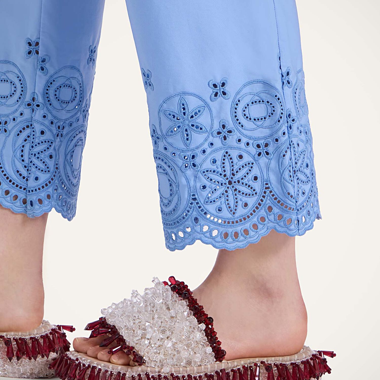 La Doublej Broderie Anglaise Cotton-blend Poplin Straight-leg Pants In Eclipse Light Blue