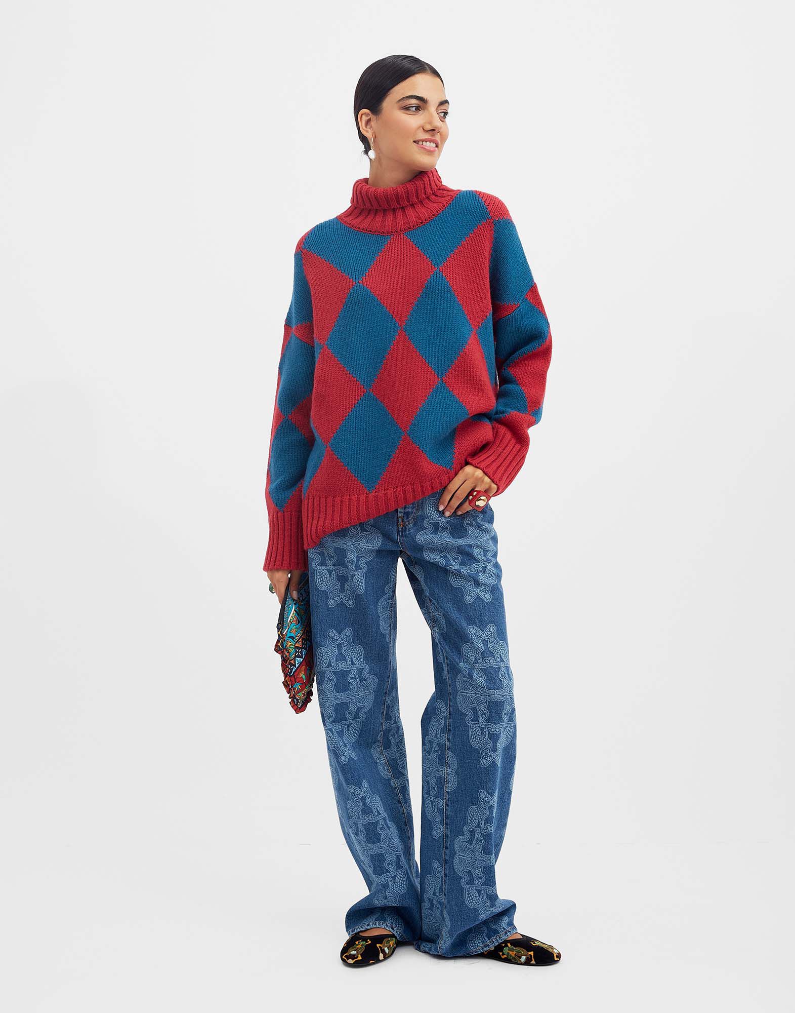 Argyle Sweater in Red Blue for Women La DoubleJ