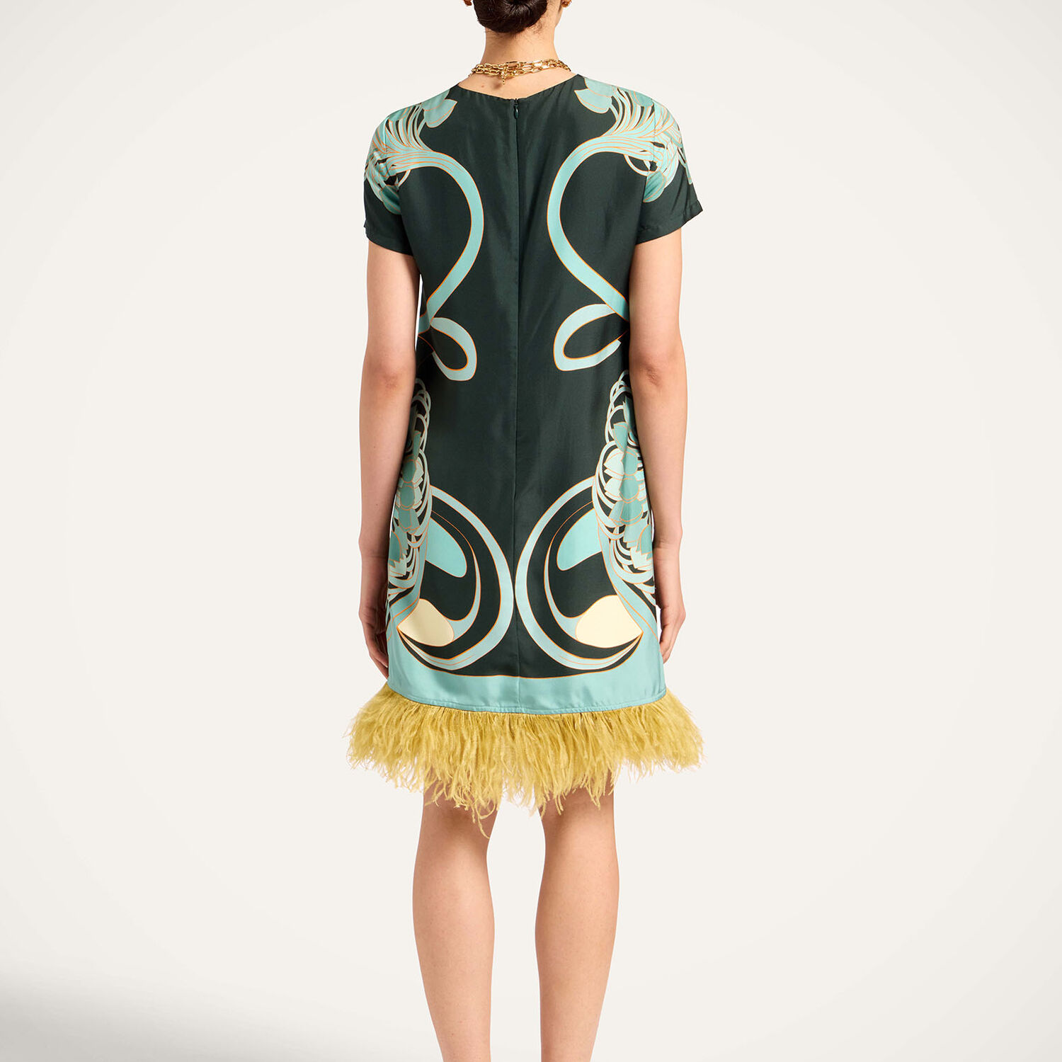  La Doublej Dresses Gend - Mini Swing Dress Blooming Tulip Placée Dark Green L 98% Silk 2% Ostrich Feathers 