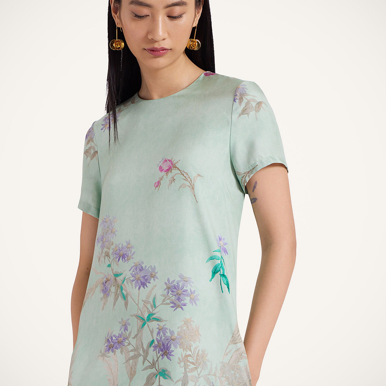 La Doublej Swing Green Midi Dress With Feathered Hem And All-over Floral Print In Silk Woman In Heath Placée Mint