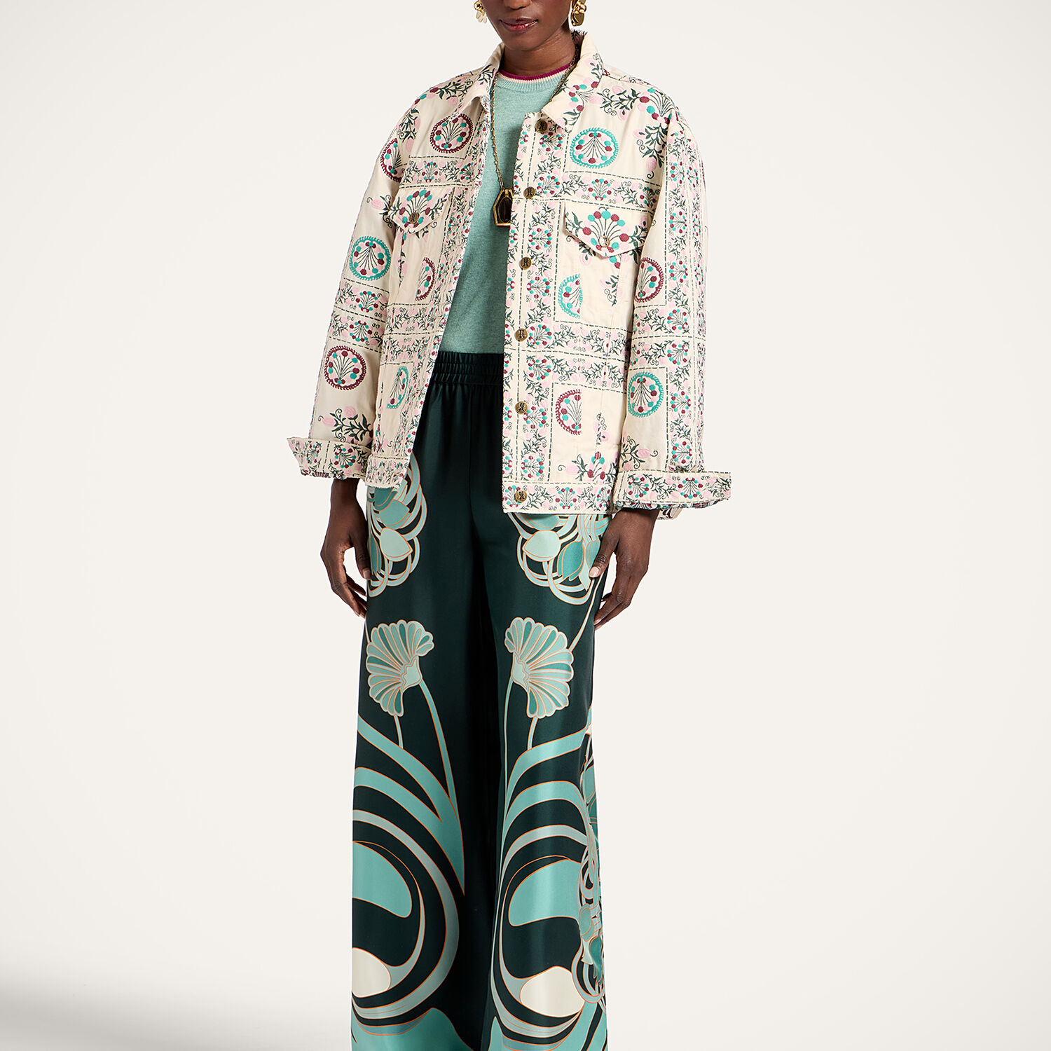  La Doublej Outerwear Gend - The Oversized Jean Jacket Florette Tiles Ecru L 65% Cotton 35% Polyester 