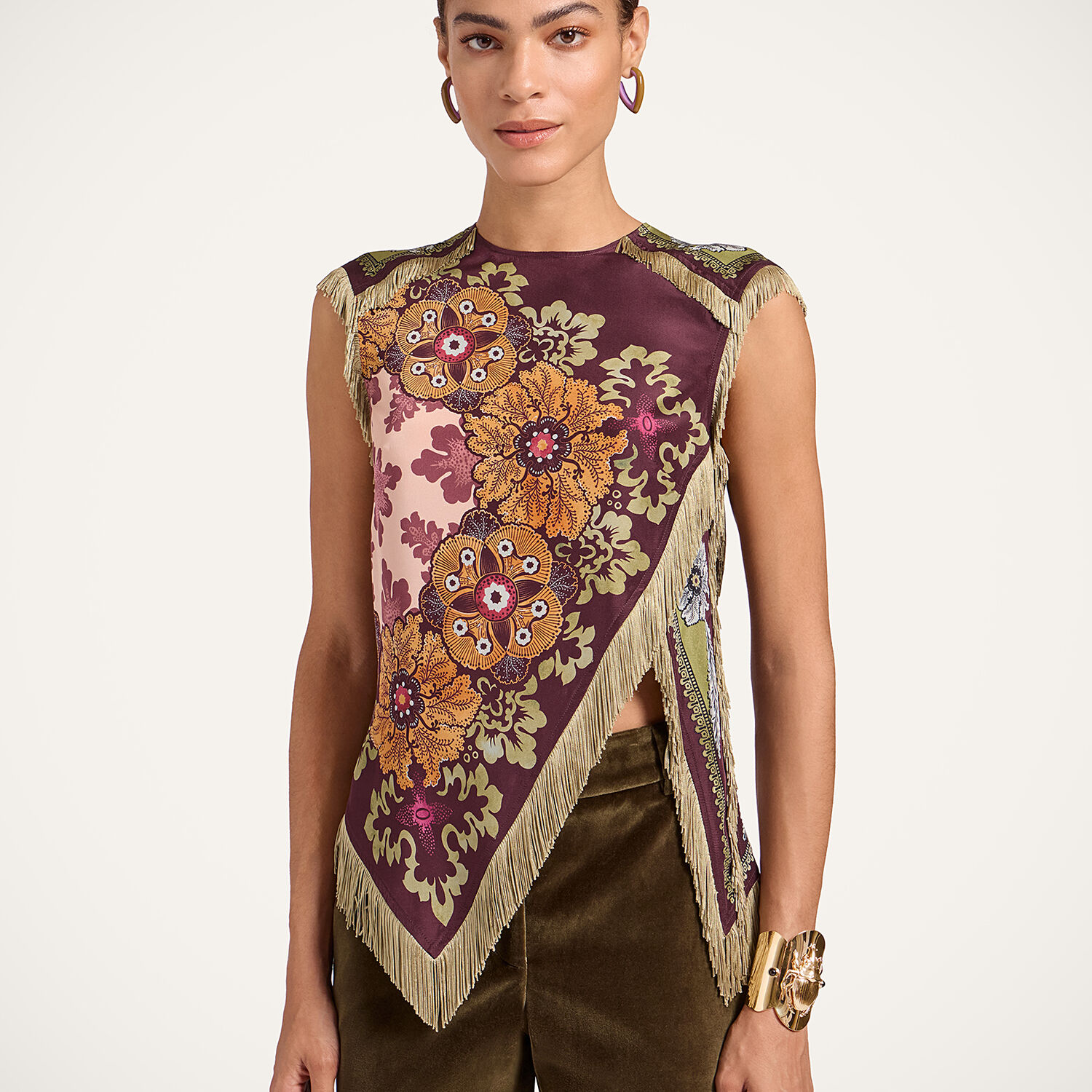 La Doublej Floral-print Fringed Scarf Top