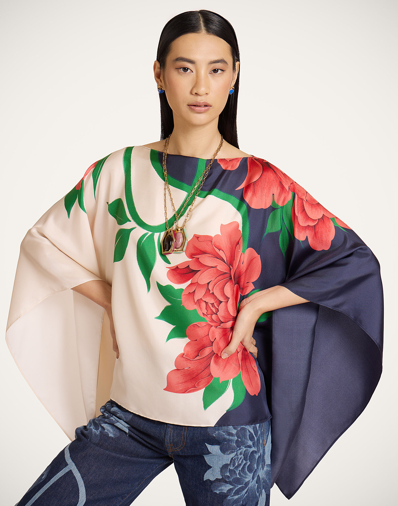 La DoubleJ Foulard Top Queen Peony Plac&eacute;e Blue TOP0195SIL029QPE02BU03