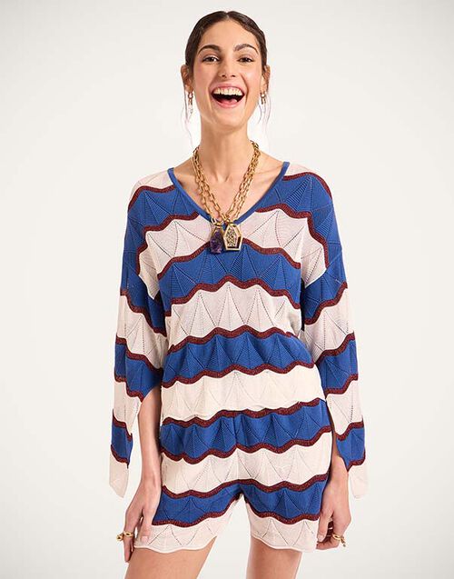 La DoubleJ Hang Ten Top Color Block Ivory & Blue PUL0334KNI195VA430BR05