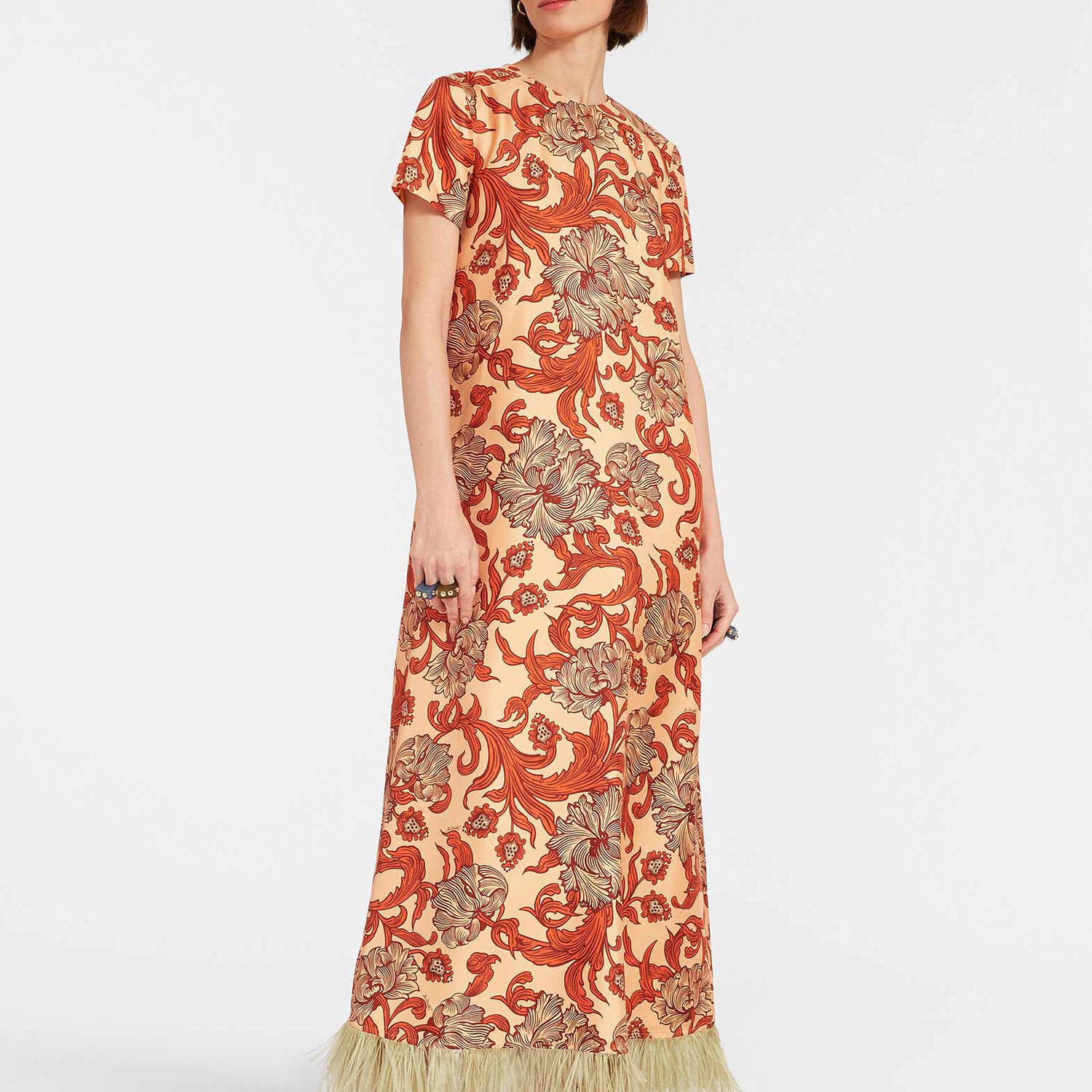 La Doublej Swing Feather-trimmed Printed Silk-twill Maxi Dress In Reef Pale Pink