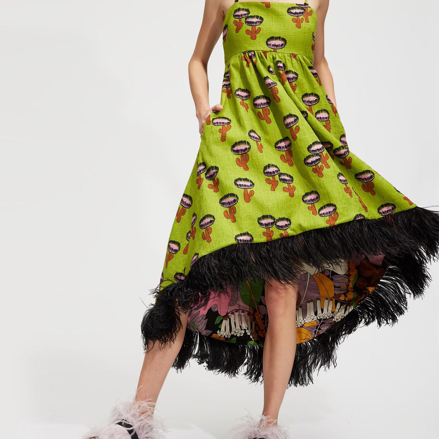 La Doublej La Scala Feather-hem Dress In Chirpy Cactus Verde