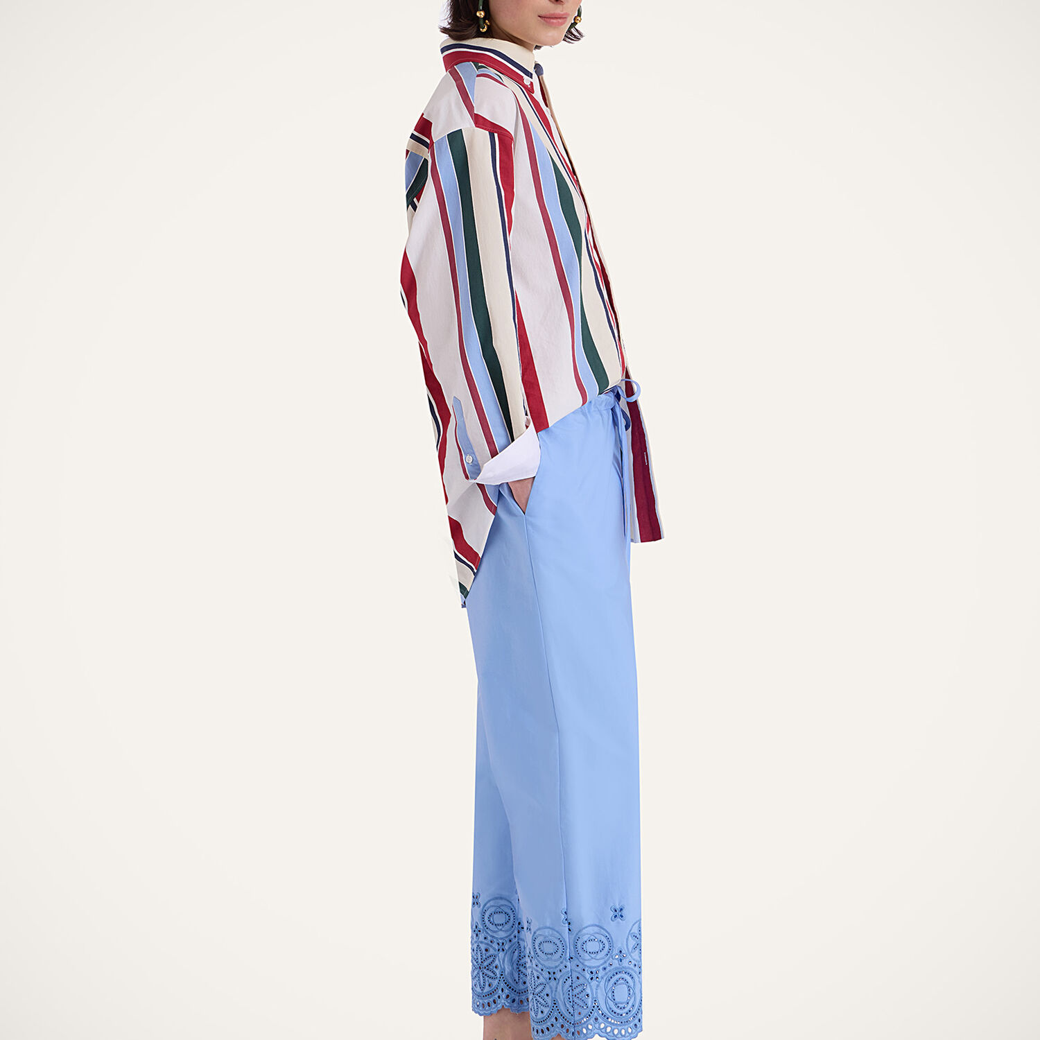 La Doublej Broderie Anglaise Cotton-blend Poplin Straight-leg Pants In Eclipse Light Blue
