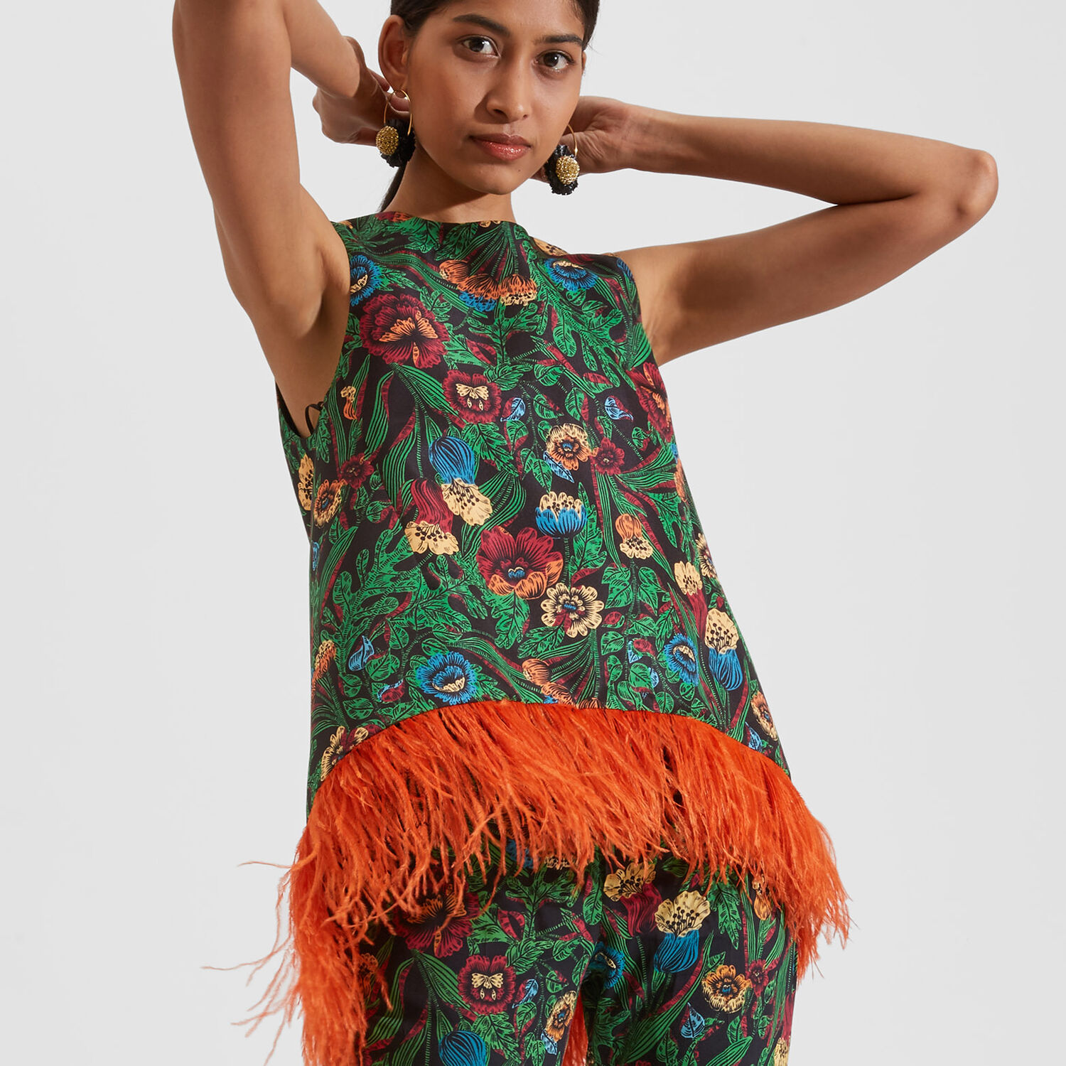 La Doublej La Scala Floral Garden-print Top W/ Feather Trim In Night Garden
