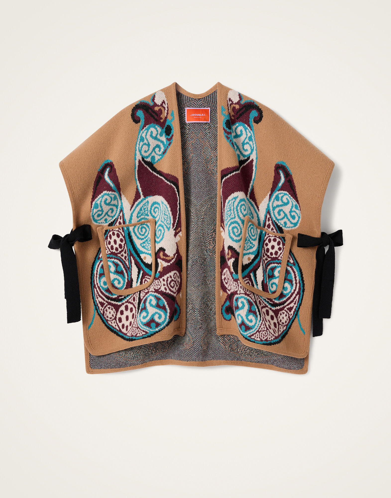 La DoubleJ In My Power Knit Scarf Cape Alchemy Light Blue, Burgundy, and Camel SCA0083KNI223VA524BR04