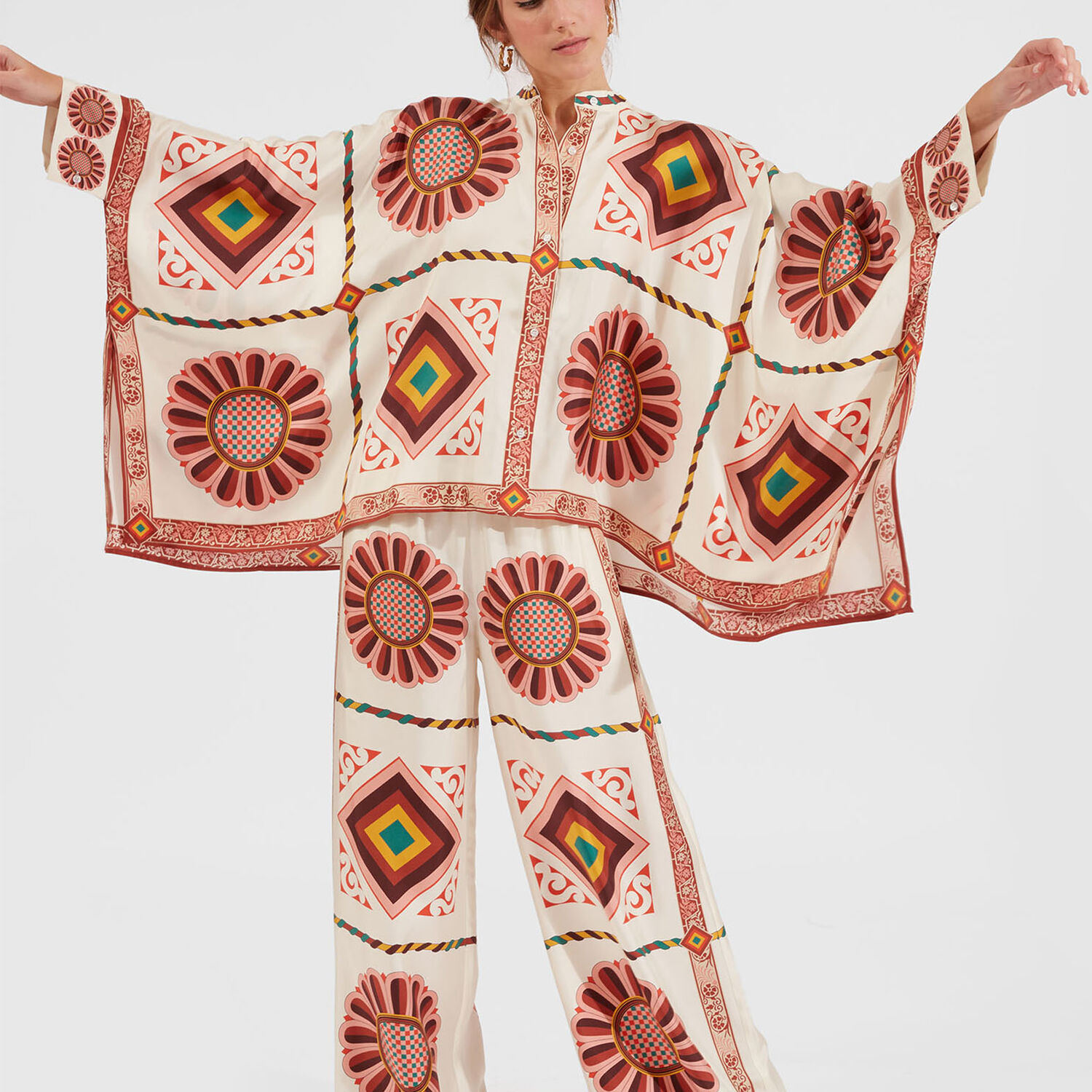 La Doublej Placed-print Silk Foulard Shirt In Macro Tiles Placed
