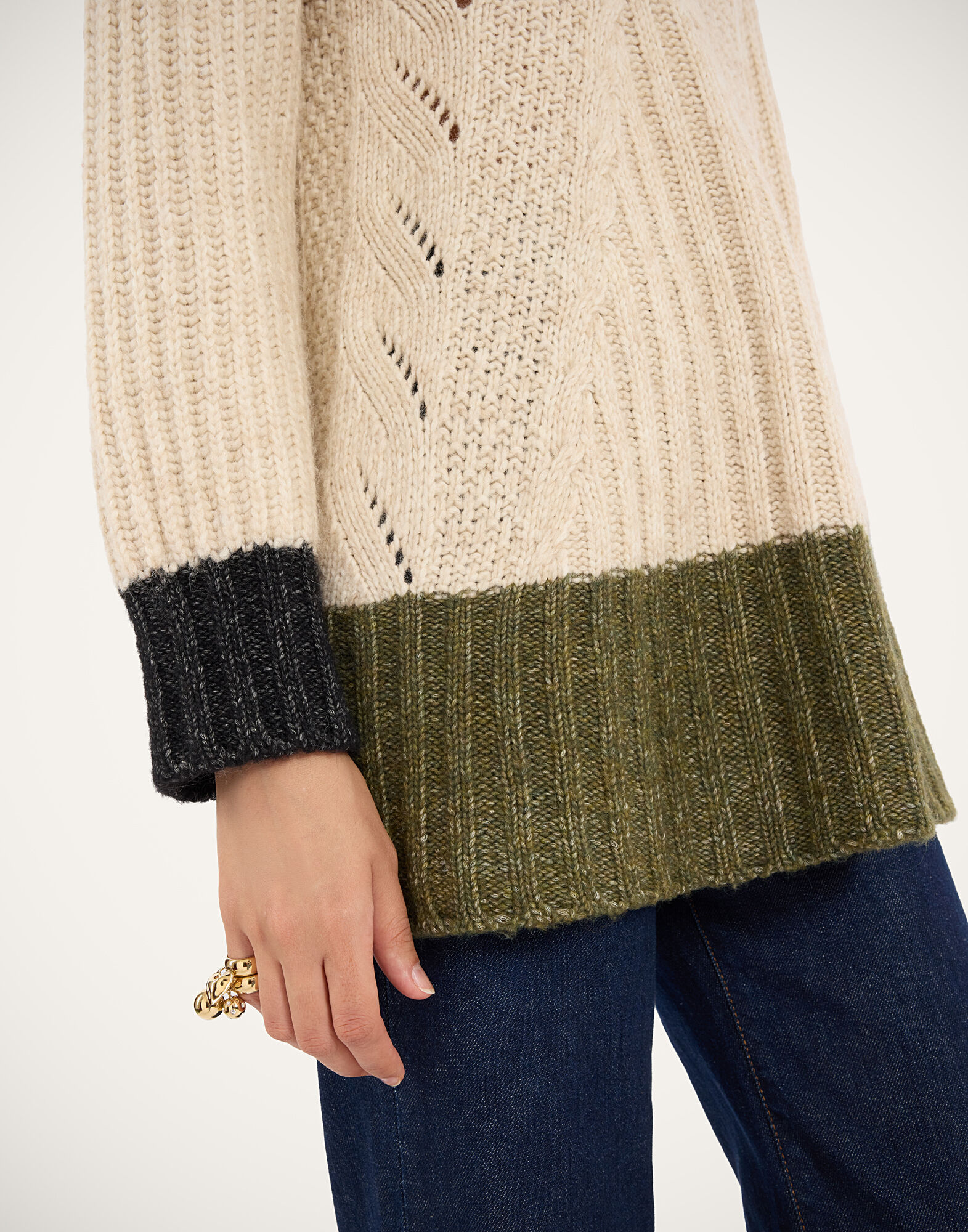 La DoubleJ Fireside Turtleneck Color Block Ecru, Green, and Black PUL0386KNI215VA530BR05