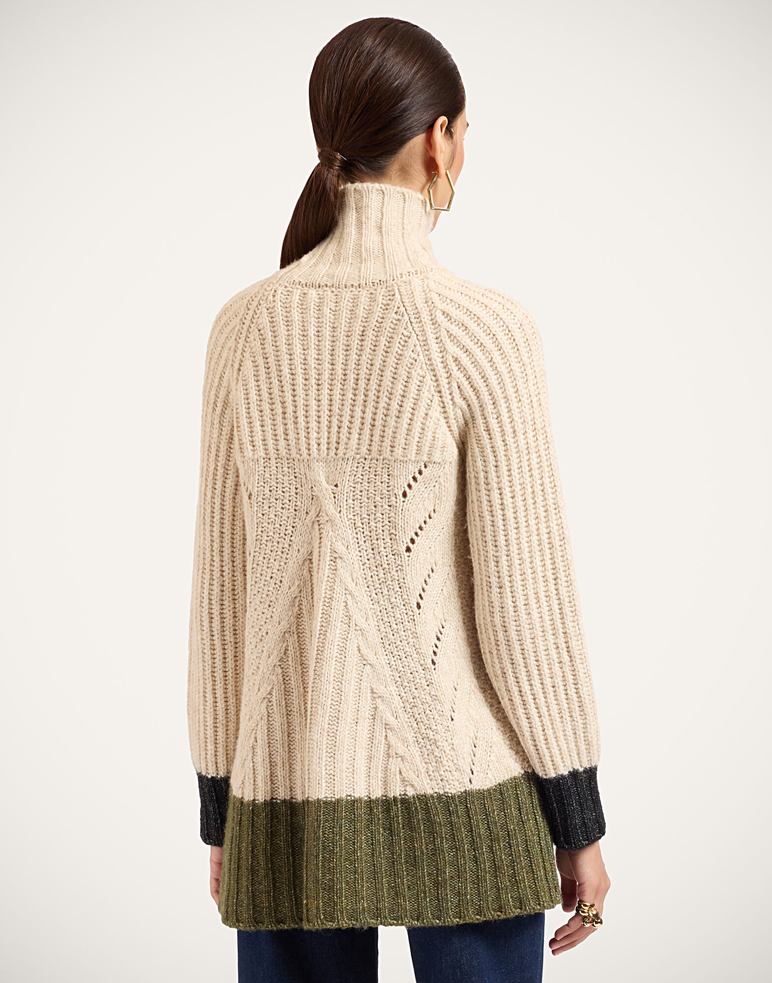 La DoubleJ Fireside Turtleneck Color Block Ecru, Green, and Black PUL0386KNI215VA530BR05
