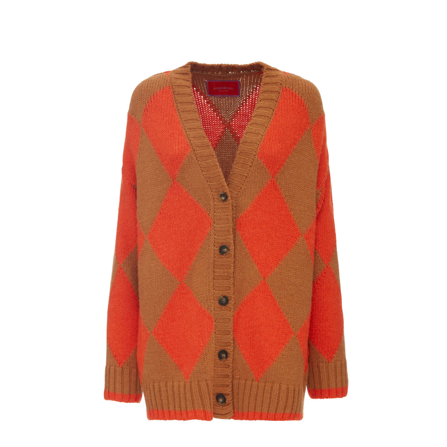 La Doublej Argyle-intarsia-knit Cardigan In Camel & Orange