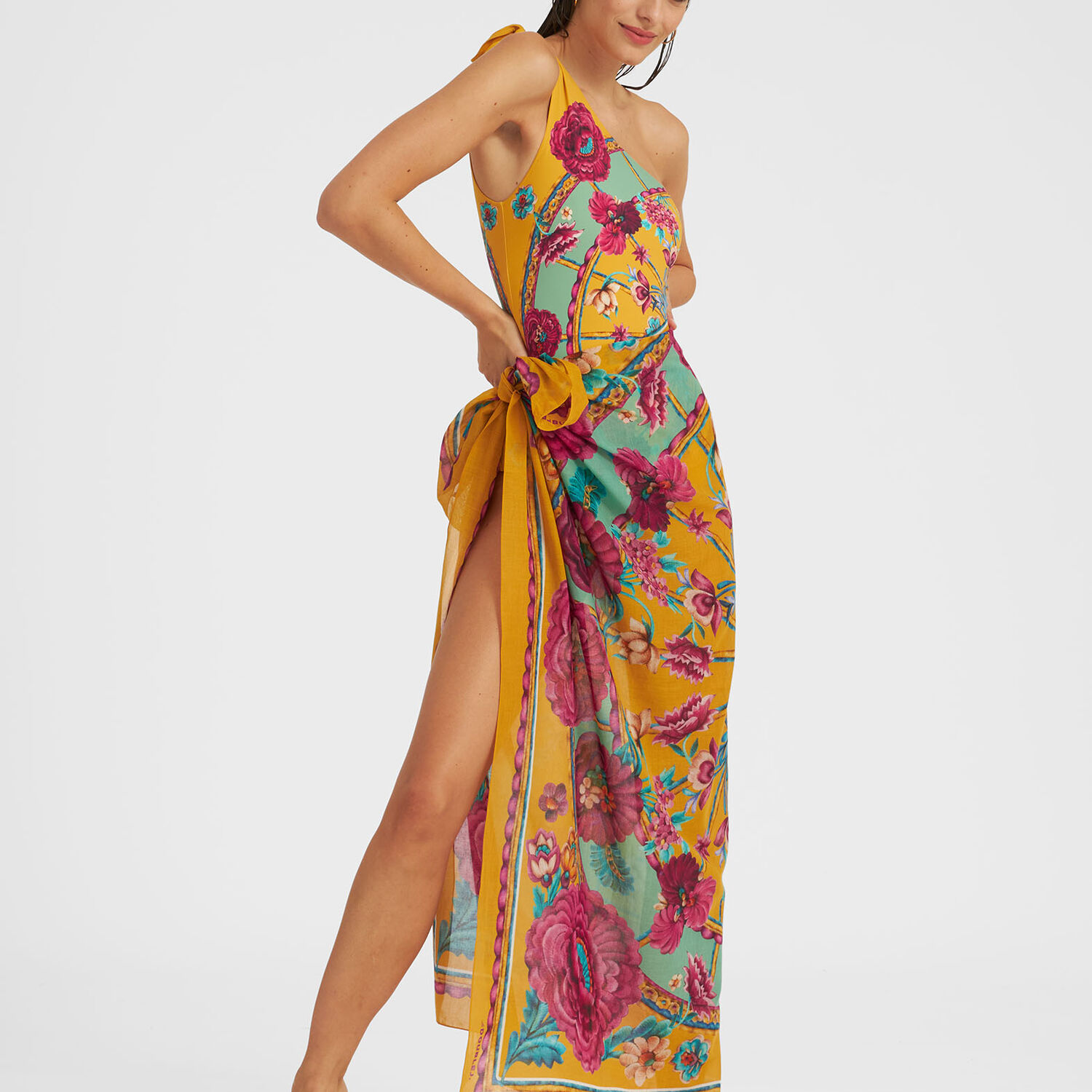 La Doublej Floral-print Cotton Pareo In Zodiac Placée Marigold