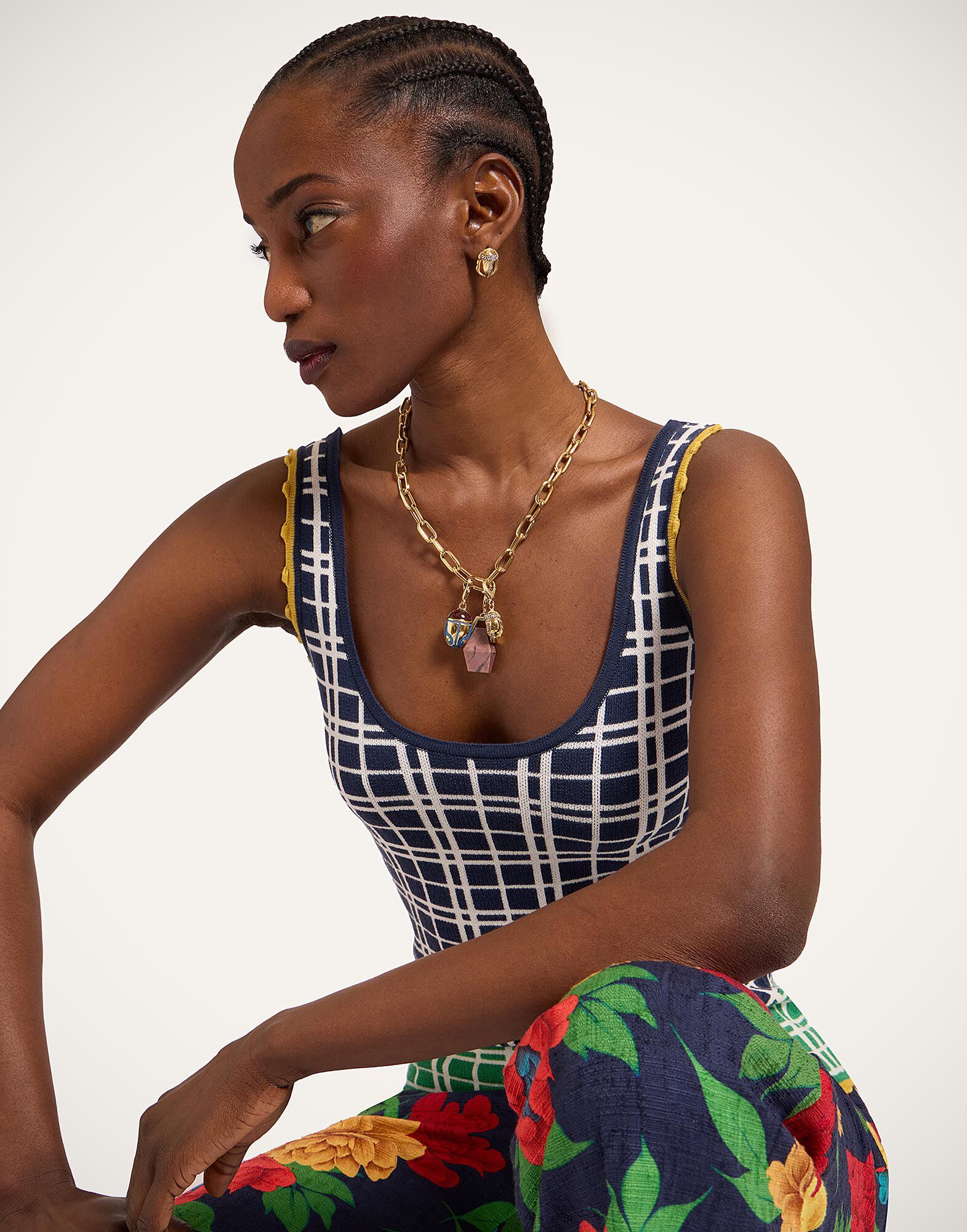 La DoubleJ Check Me Cami Multicolor Navy Blue & Green PUL0355KNI202VA477BU03