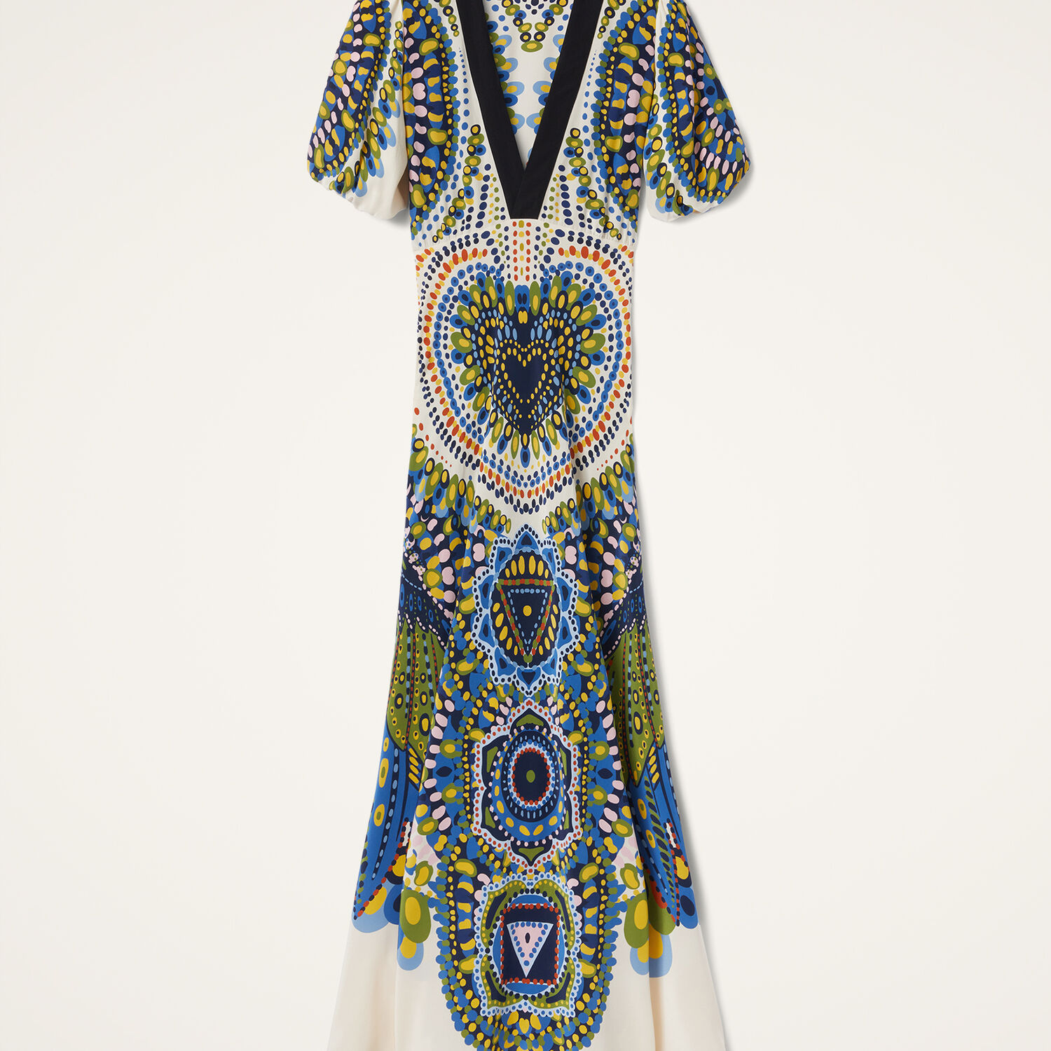 La Doublej Marlene Multicolor Long Flared Dress With V Neck And All-over Graphic Print In Silk Woman In Chakra Placée Multicolor