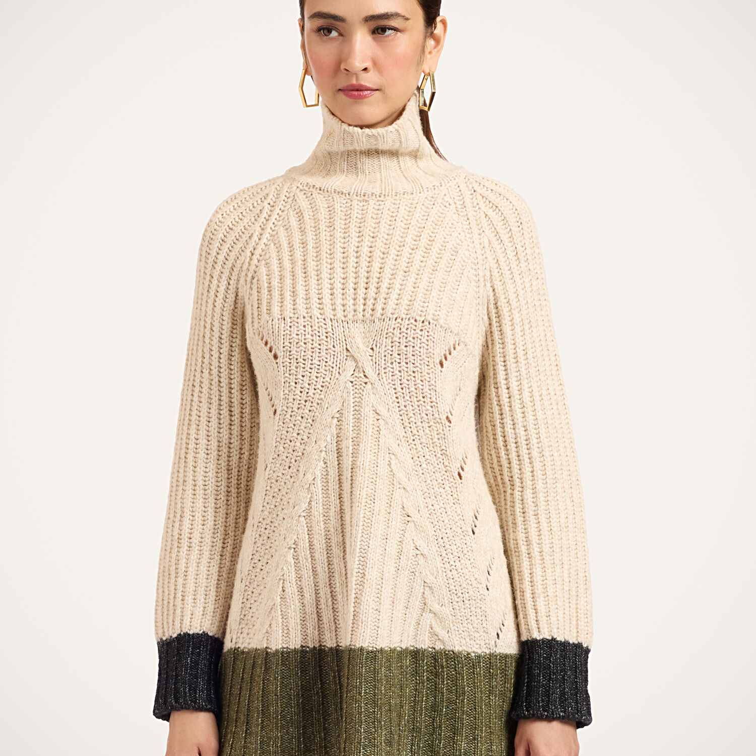 La Doublej Fireside Turtleneck In Color Block Ecru, Green, And Black