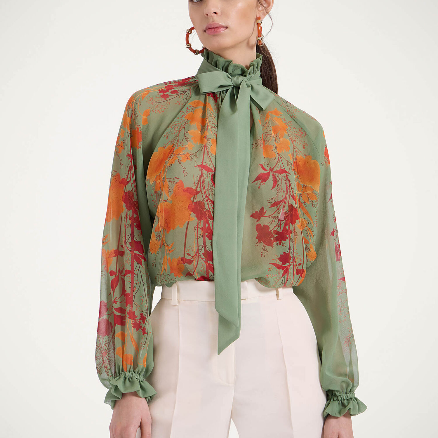 La Doublej La Double J High-neck Silk Shirt With Floral Print In Woodland Placée Camouflage