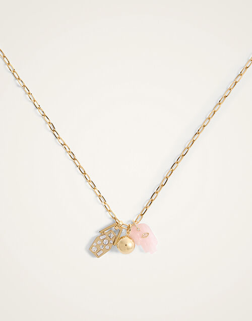 La DoubleJ Protection Charm Necklace 24k Gold Plate & Pink Quartz NEC0027BRA003STO02YE05