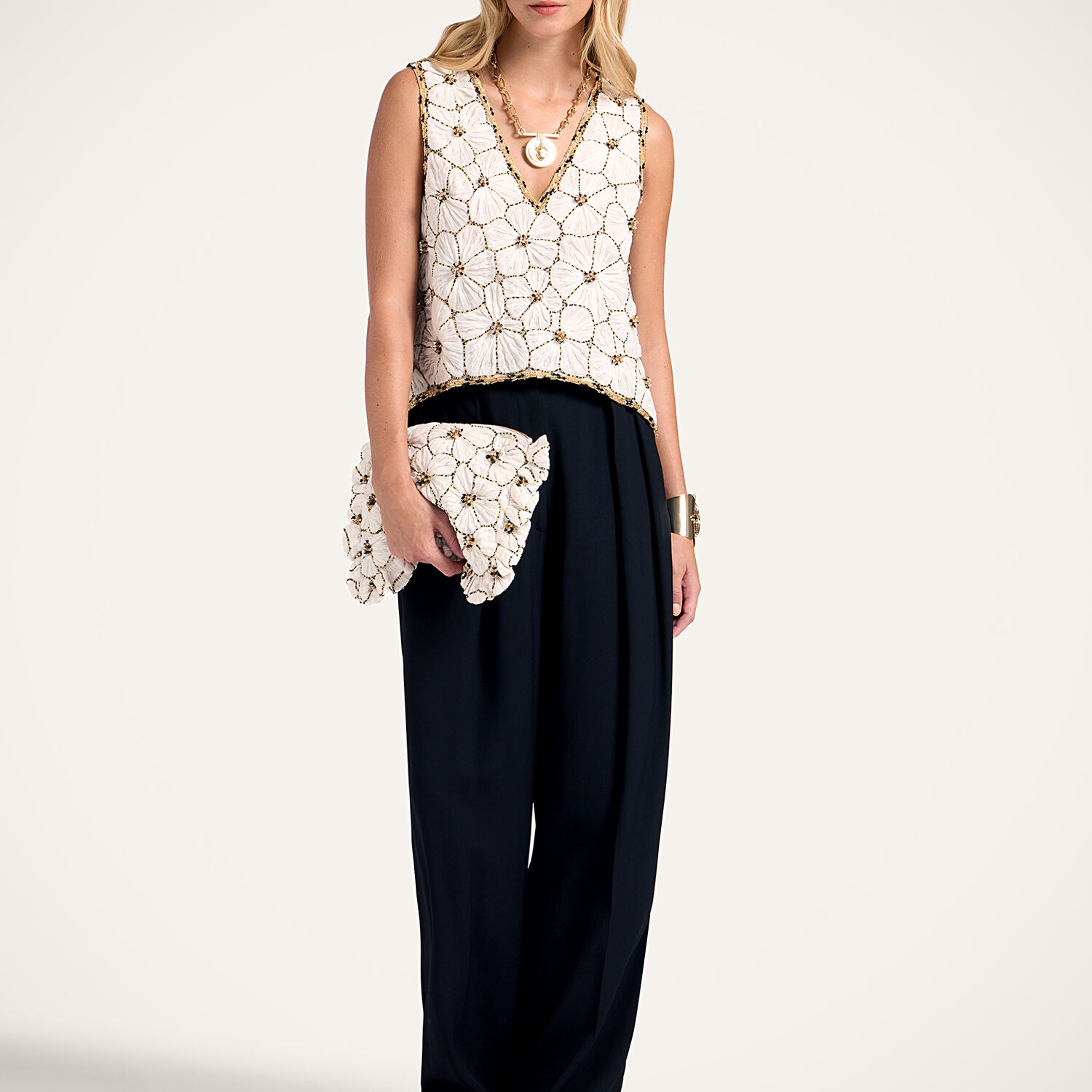  La Doublej Shirts & Tops Women - V-neck Scala Top Solid White M 50% Cotton 40% Viscose 5% Glass Beads 5% Acrylic Stones 