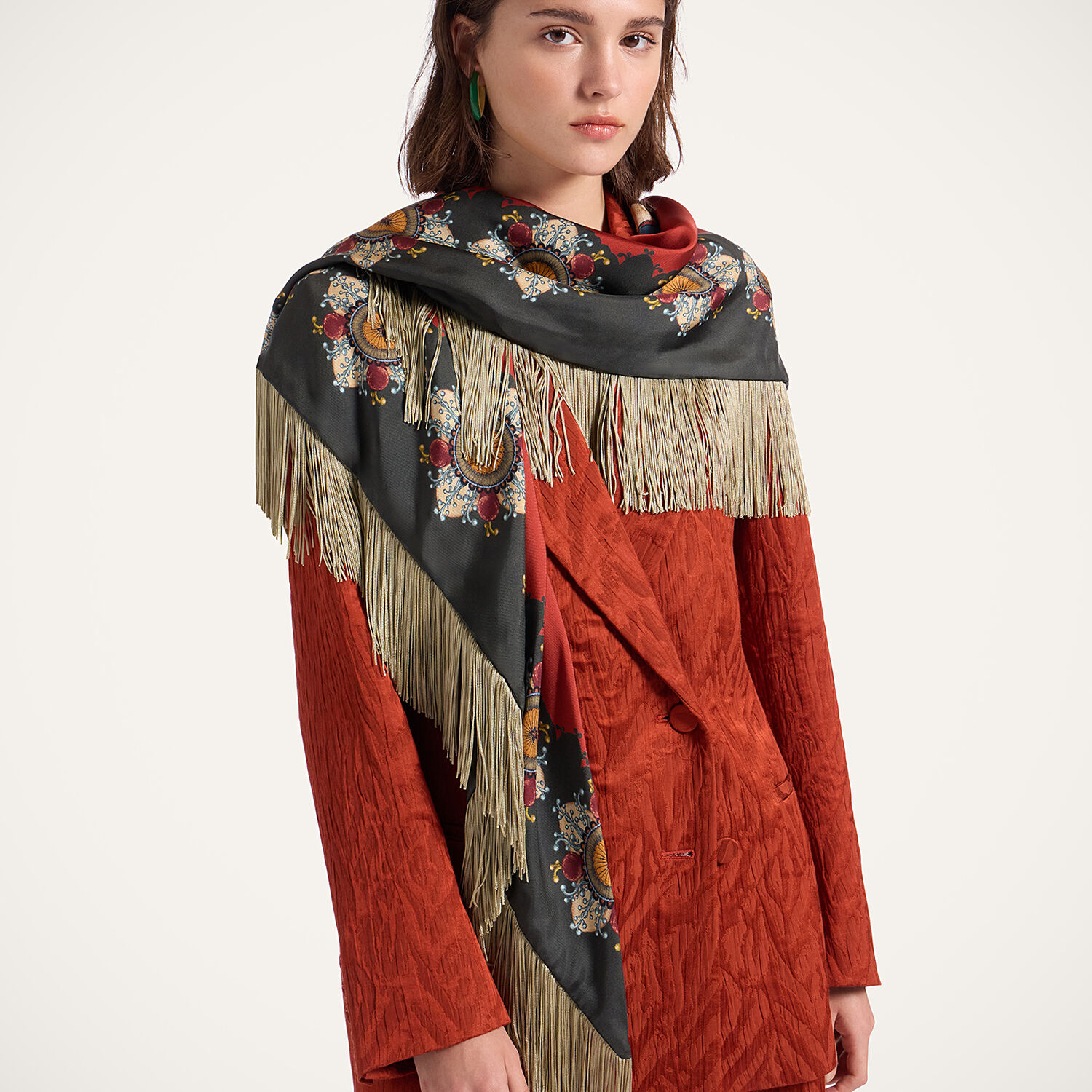La Doublej Fringe Triangle Scarf In Brown