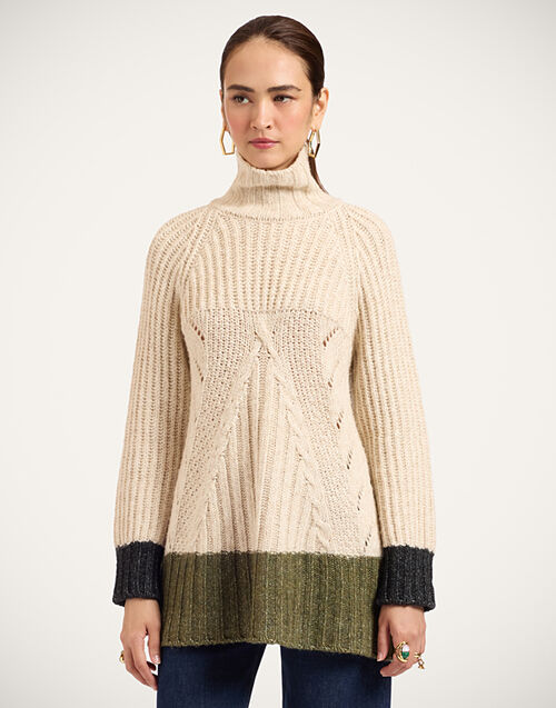 La DoubleJ Fireside Turtleneck Color Block Ecru, Green, and Black PUL0386KNI215VA530BR05