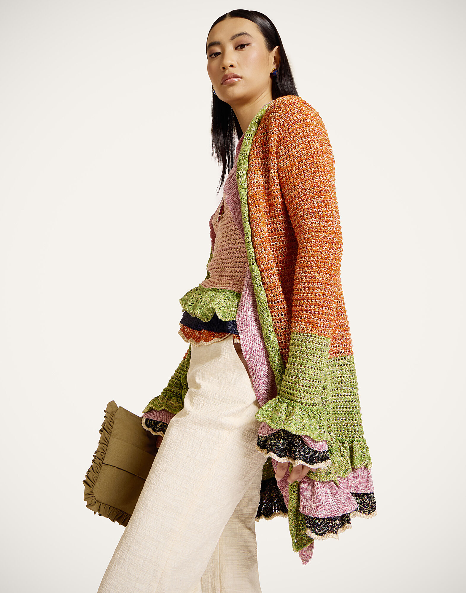 La DoubleJ Eight Counts Cardigan Color Block Orange & Green PUL0349KNI199VA467OR02