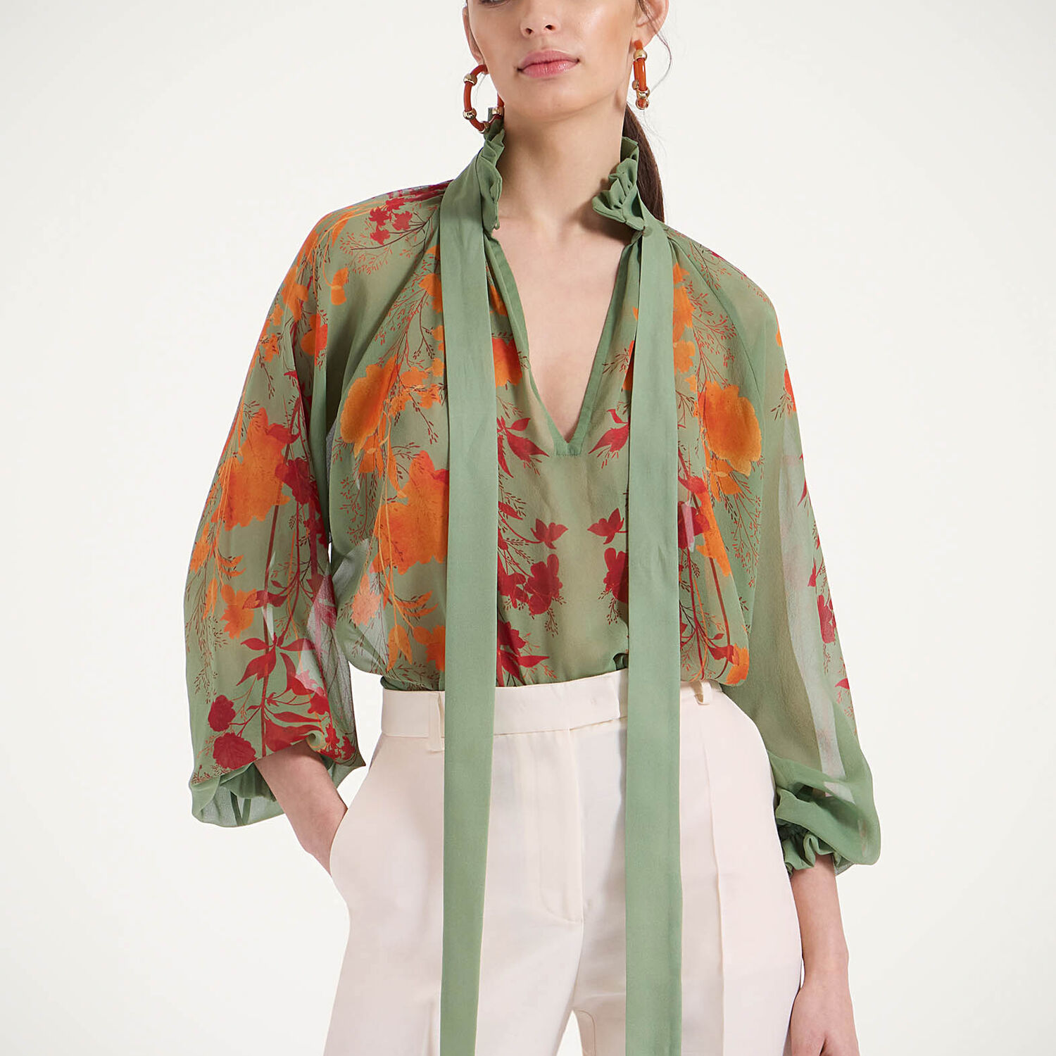 La Doublej La Double J High-neck Silk Shirt With Floral Print In Woodland Placée Camouflage
