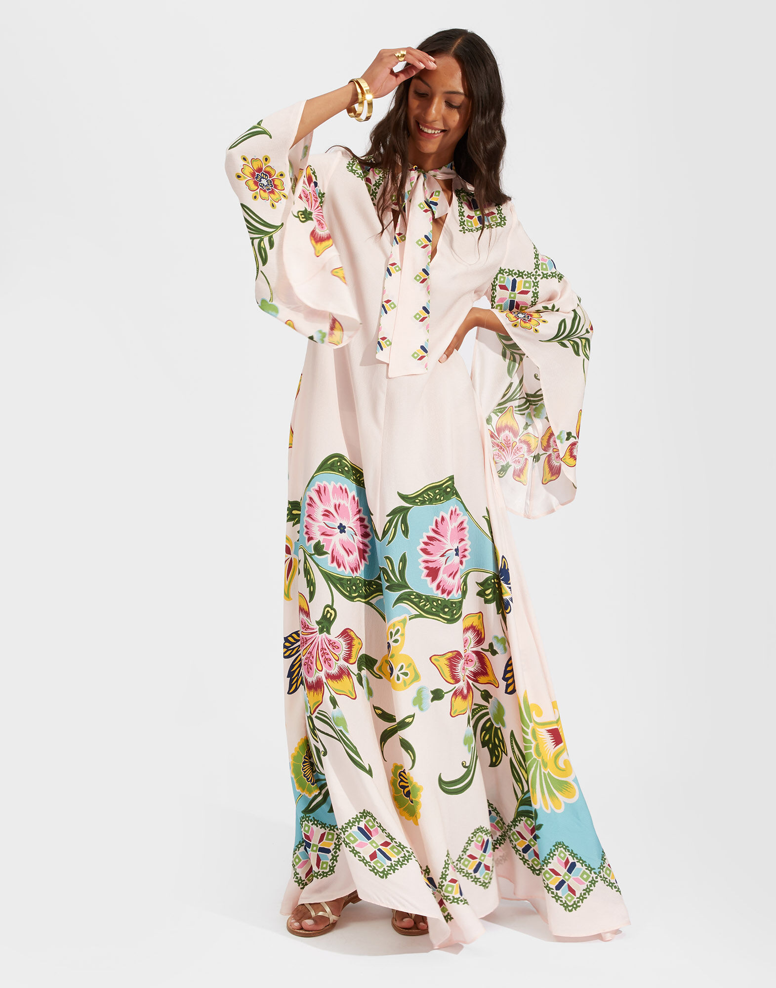 La DoubleJ Magnifico Dress Folk Flowers Azzurro Plac&eacute;e DRE0232VIS004FFL0005