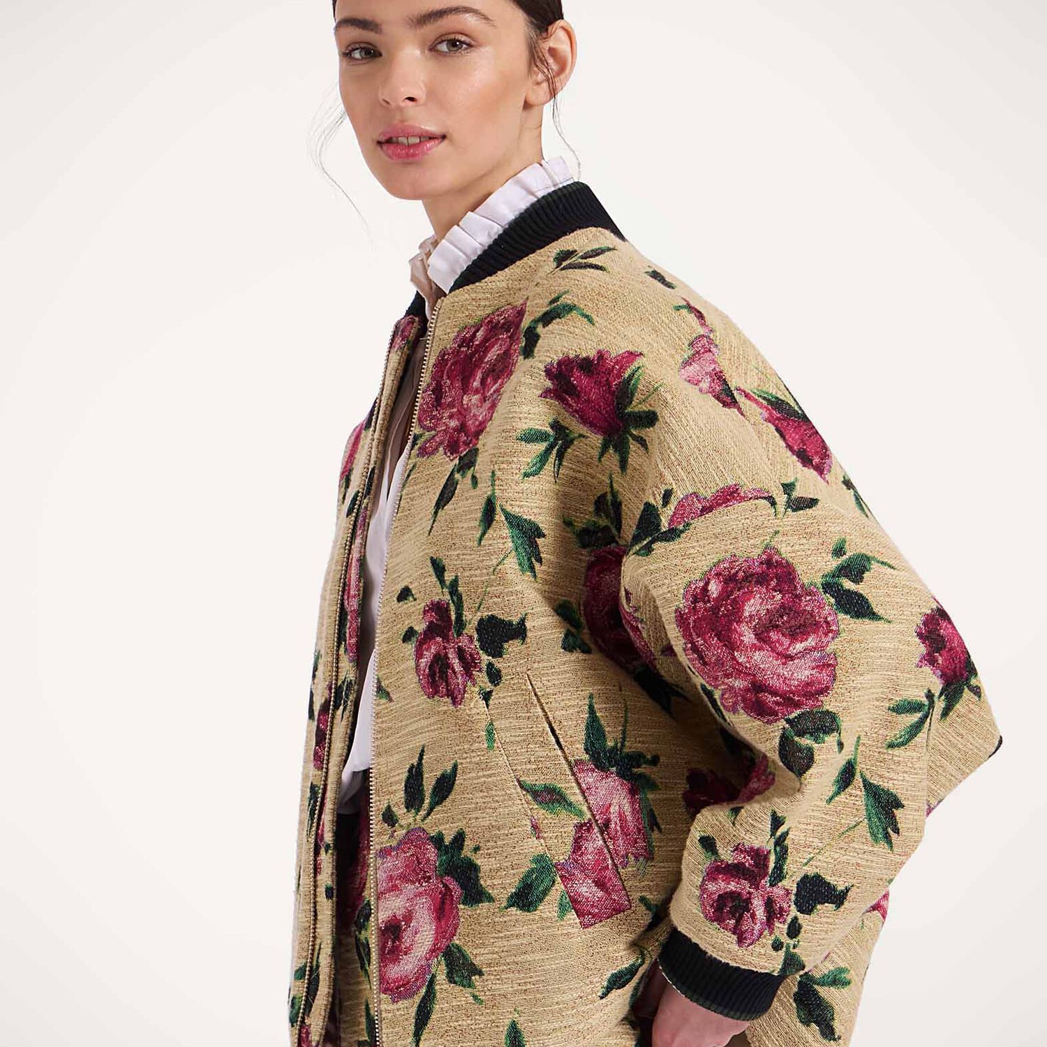 La Doublej Brooklyn Bomber Jacket In Roses Light Beige