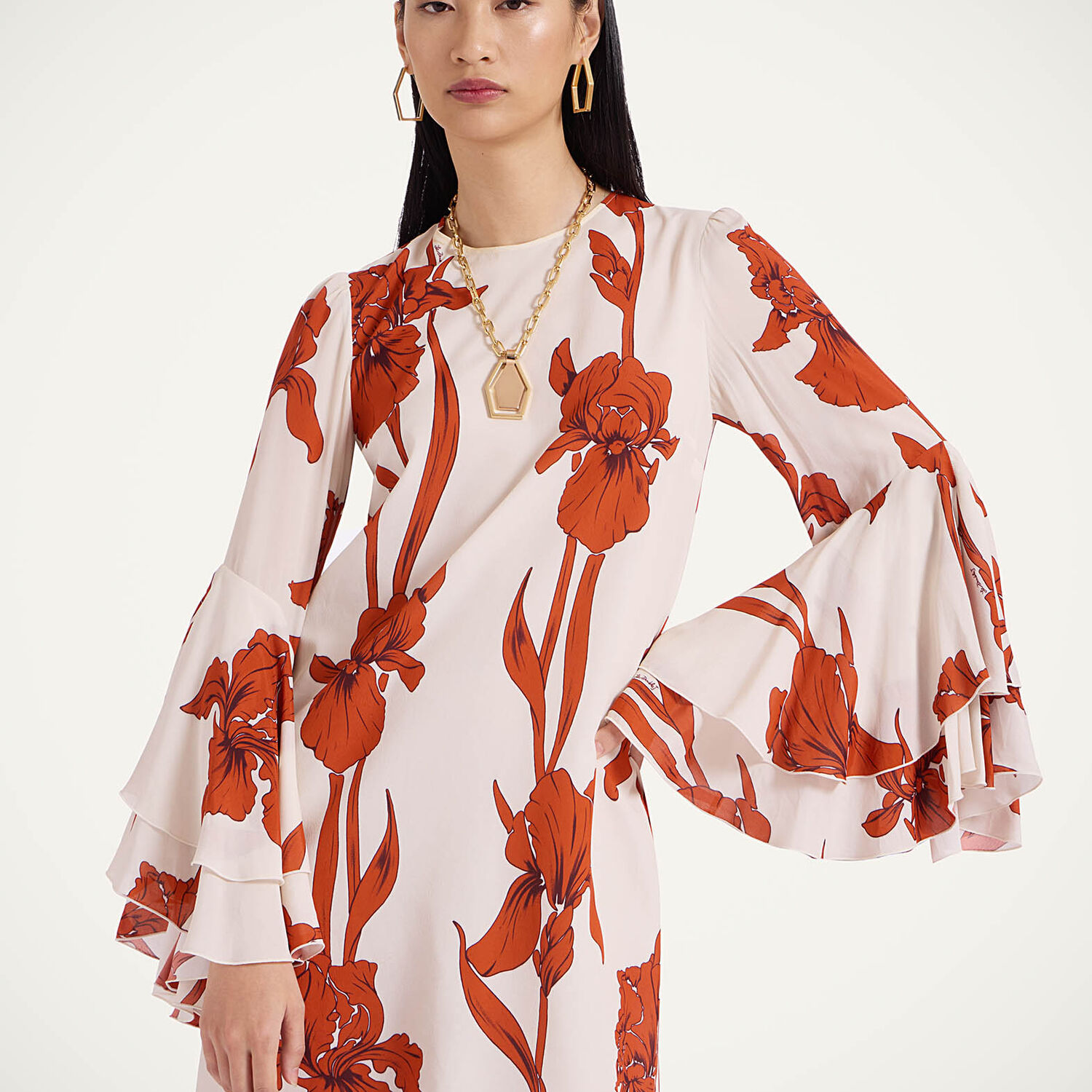 La Doublej Iris Friday Floral Flutter-sleeve Mini Dress In Iris Dark Orange
