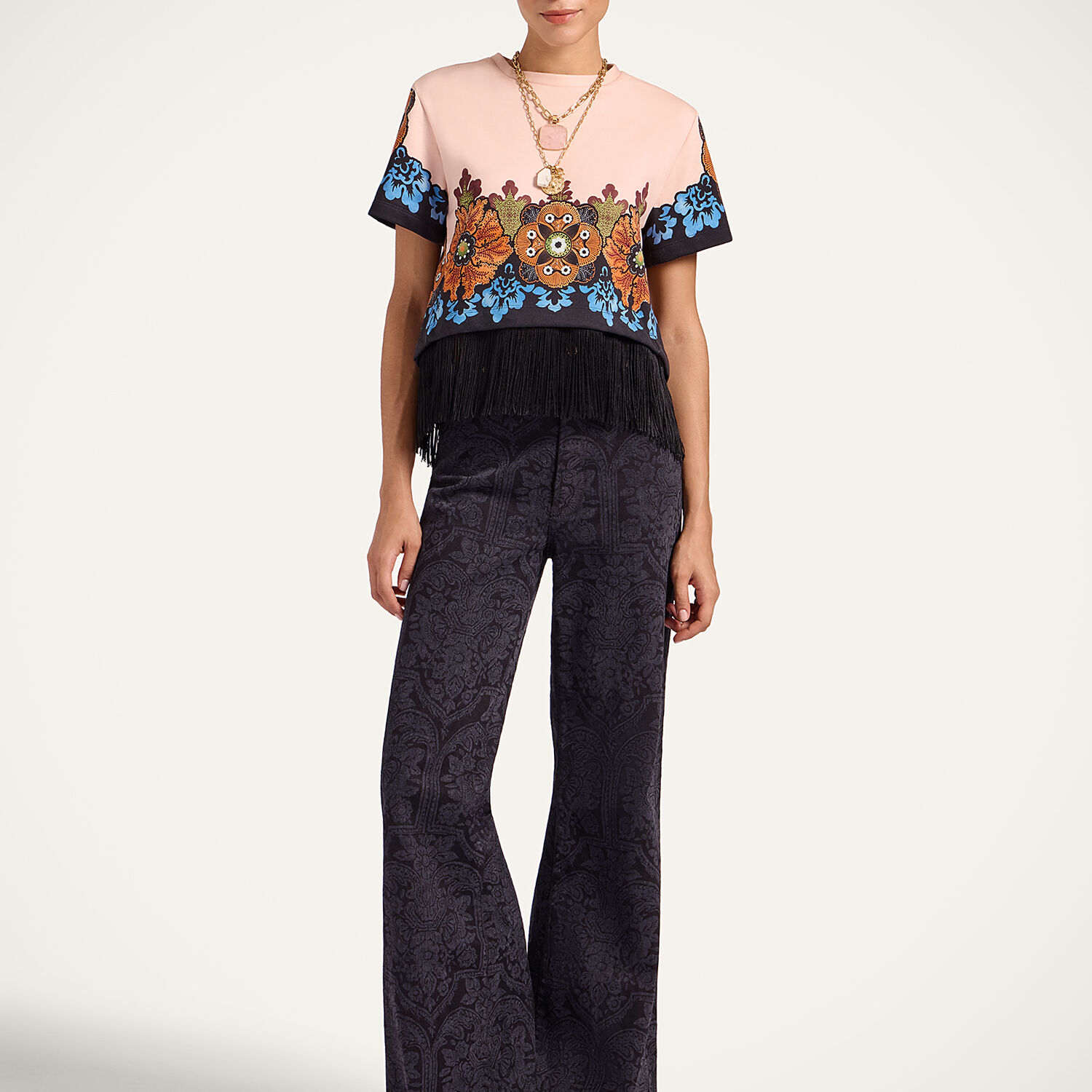 La Doublej Floral-print Fringe T-shirt In Neutral