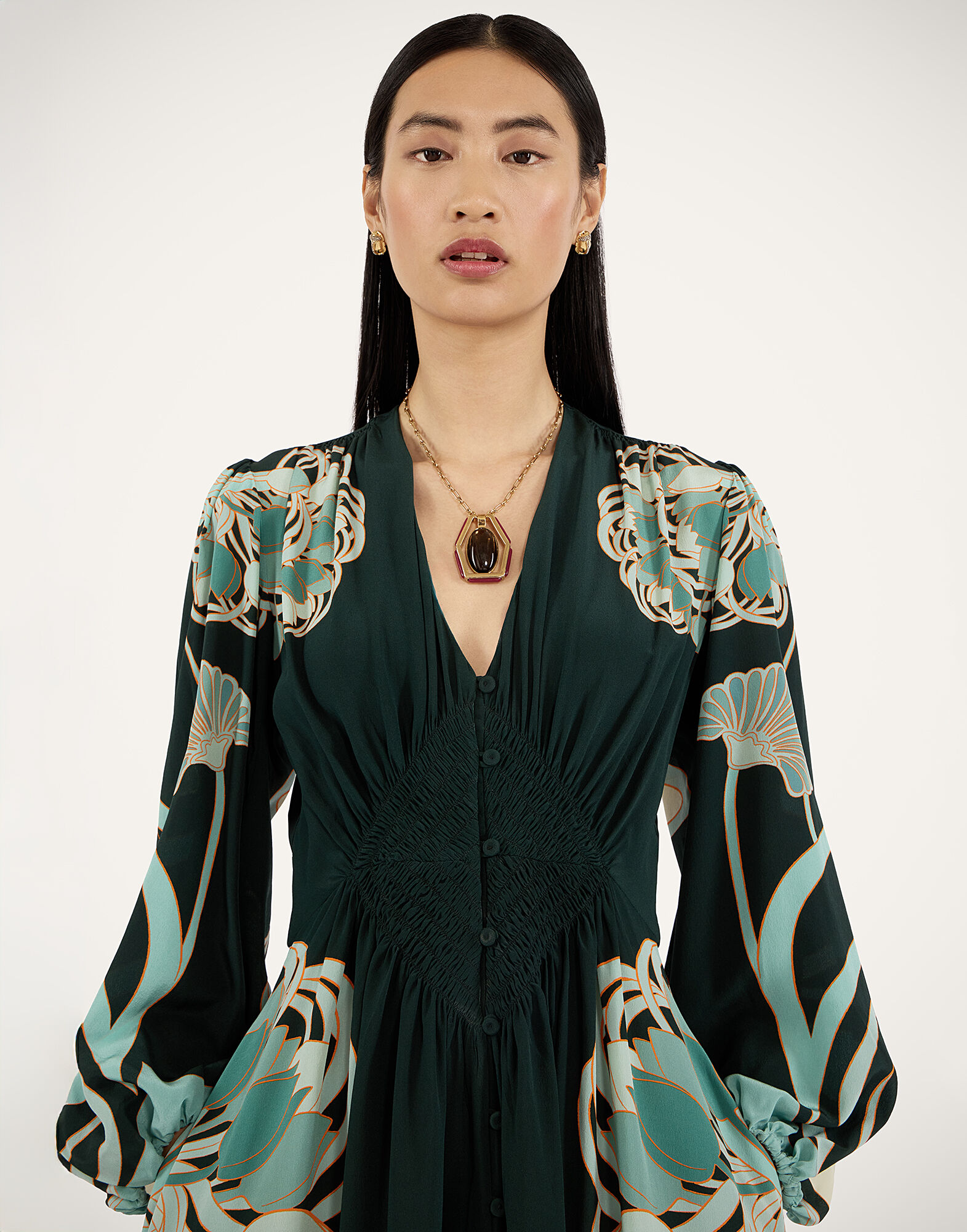 La DoubleJ Long Camerino Dress Blooming Tulip Plac&eacute;e Dark Green DRE0720CRE001BTU01GR03