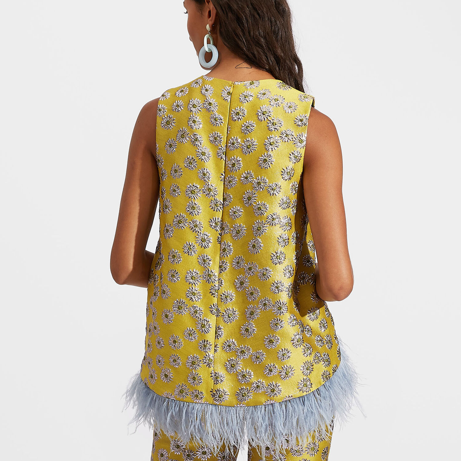 La Doublej La Scala Metallic Feather-trimmed Brocade Top In Margarita