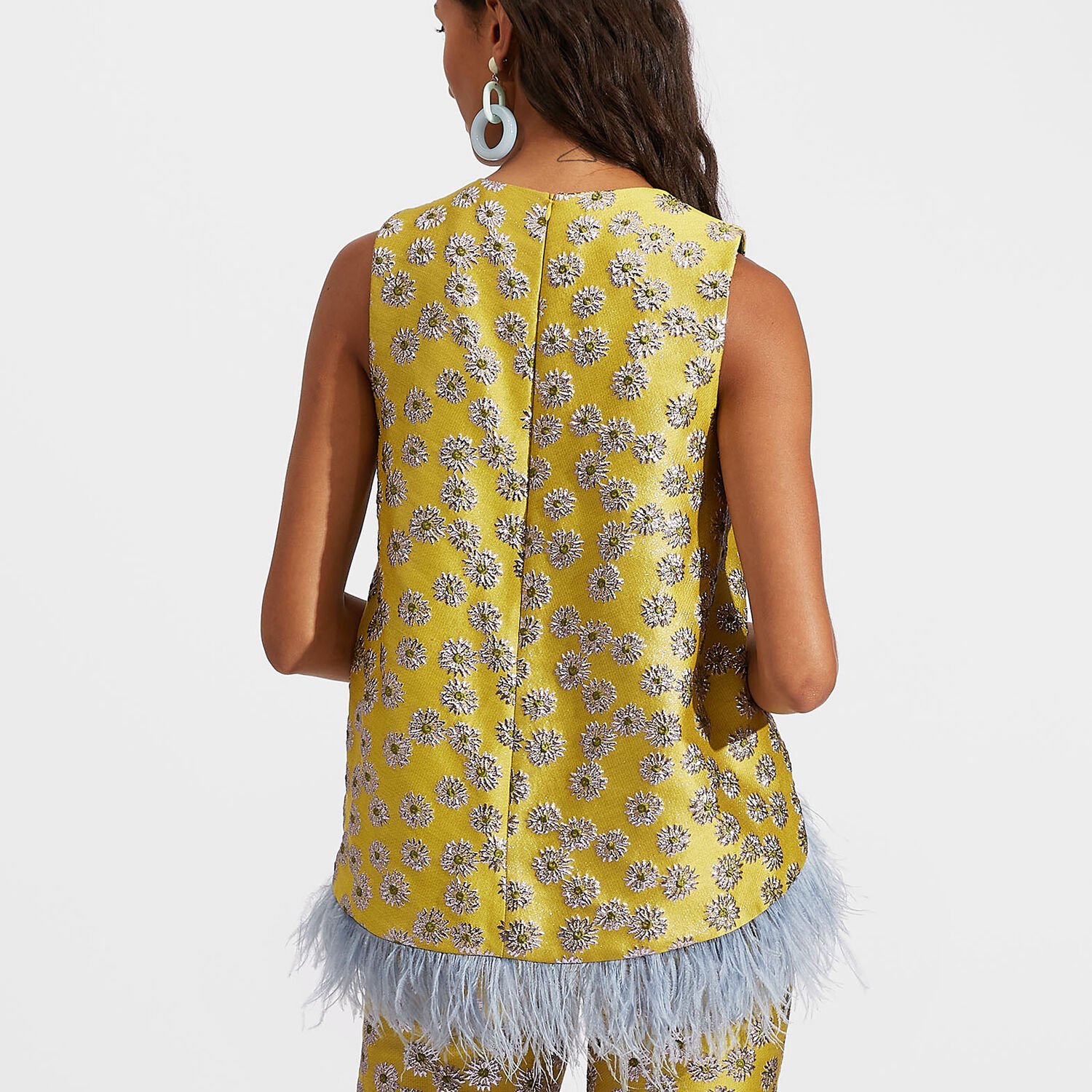 La Doublej La Scala Metallic Feather-trimmed Brocade Top In Margarita