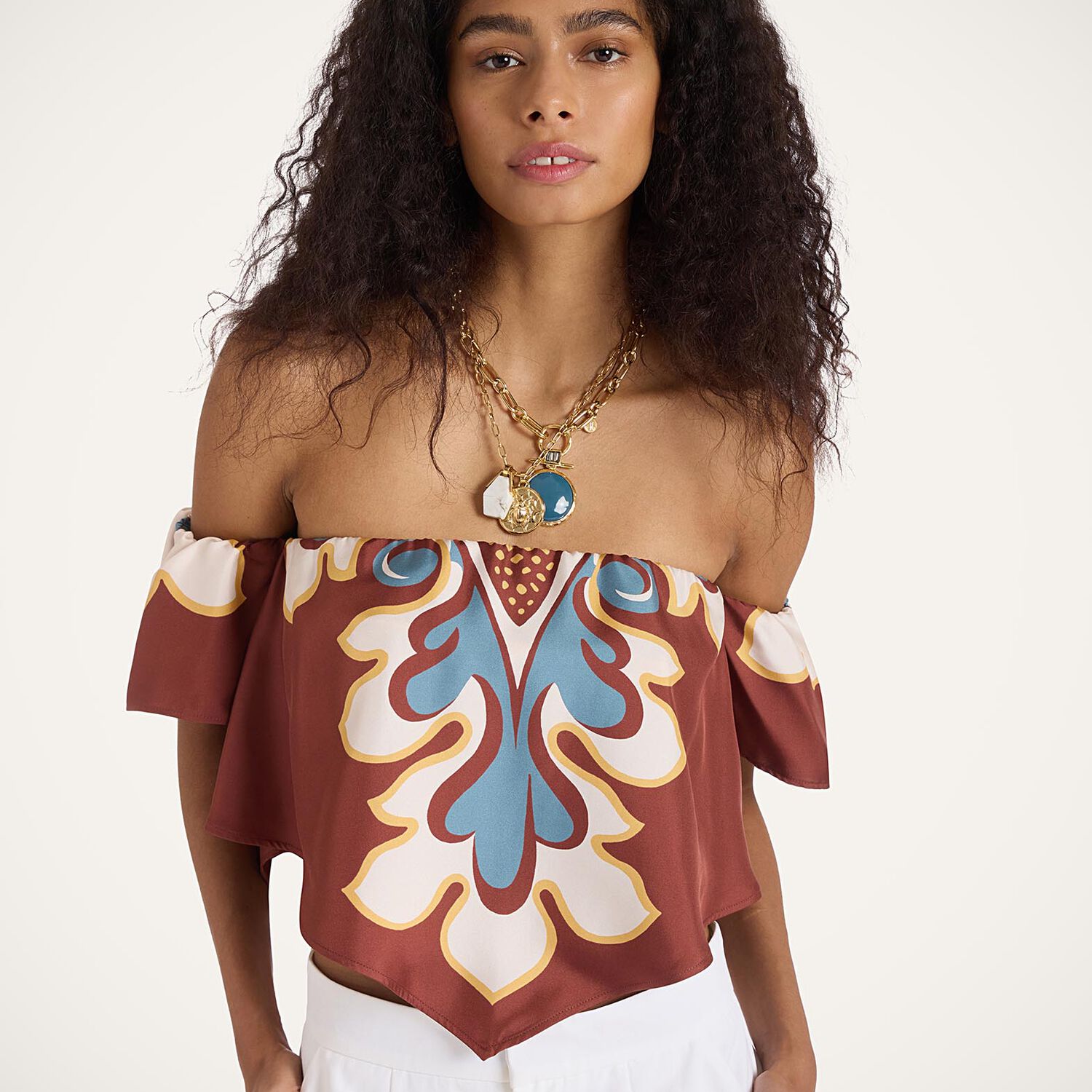 La Doublej Sand Dollar Off-shoulder Silk Top In Brown