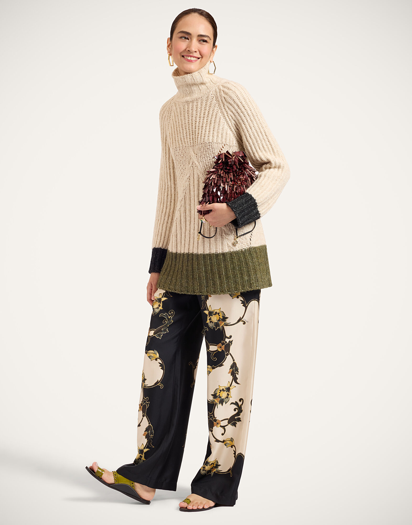 La DoubleJ Fireside Turtleneck Color Block Ecru, Green, and Black PUL0386KNI215VA530BR05