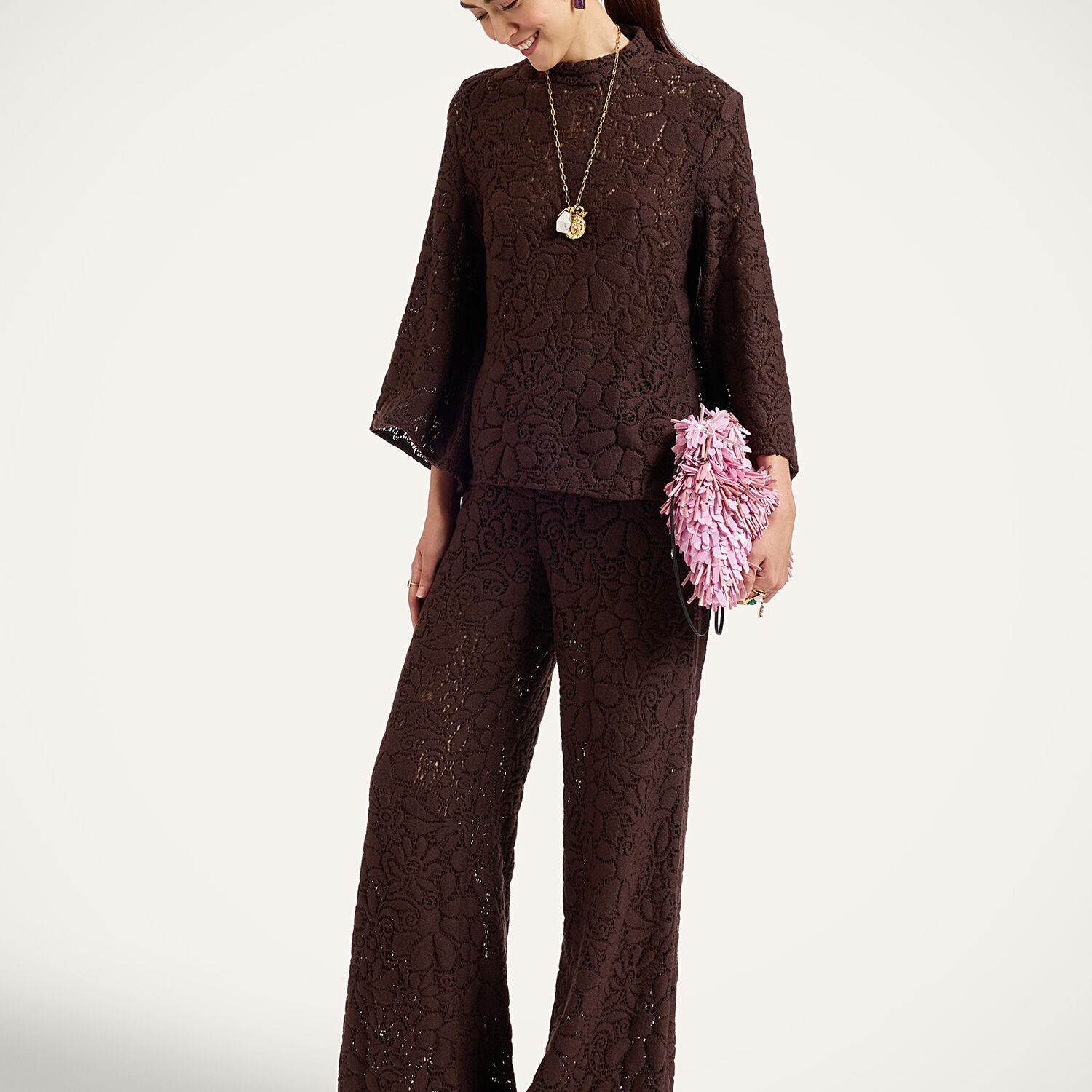 La Doublej Lacey Palazzo Pants In Solid Chocolate