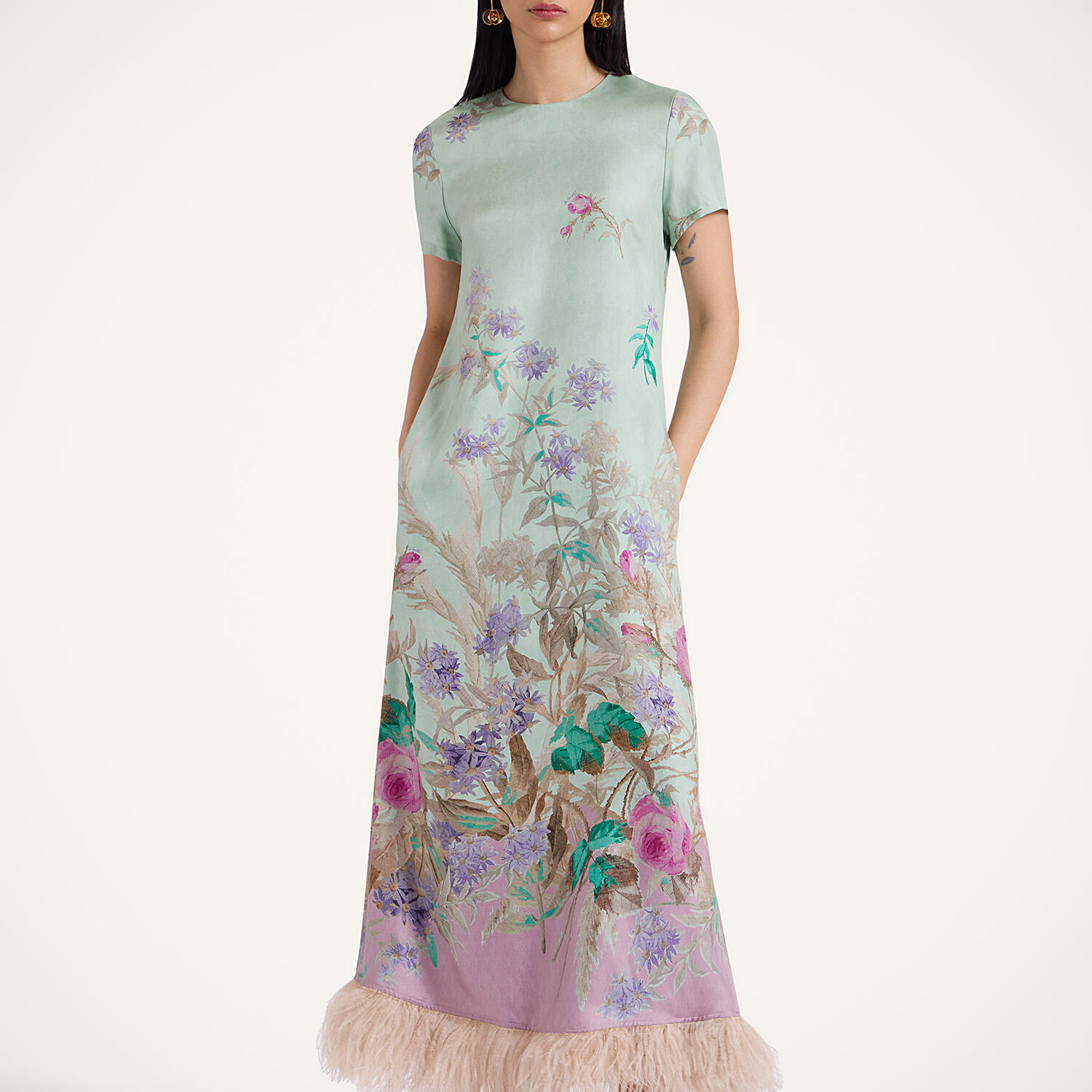La Doublej Swing Green Midi Dress With Feathered Hem And All-over Floral Print In Silk Woman In Heath Placée Mint