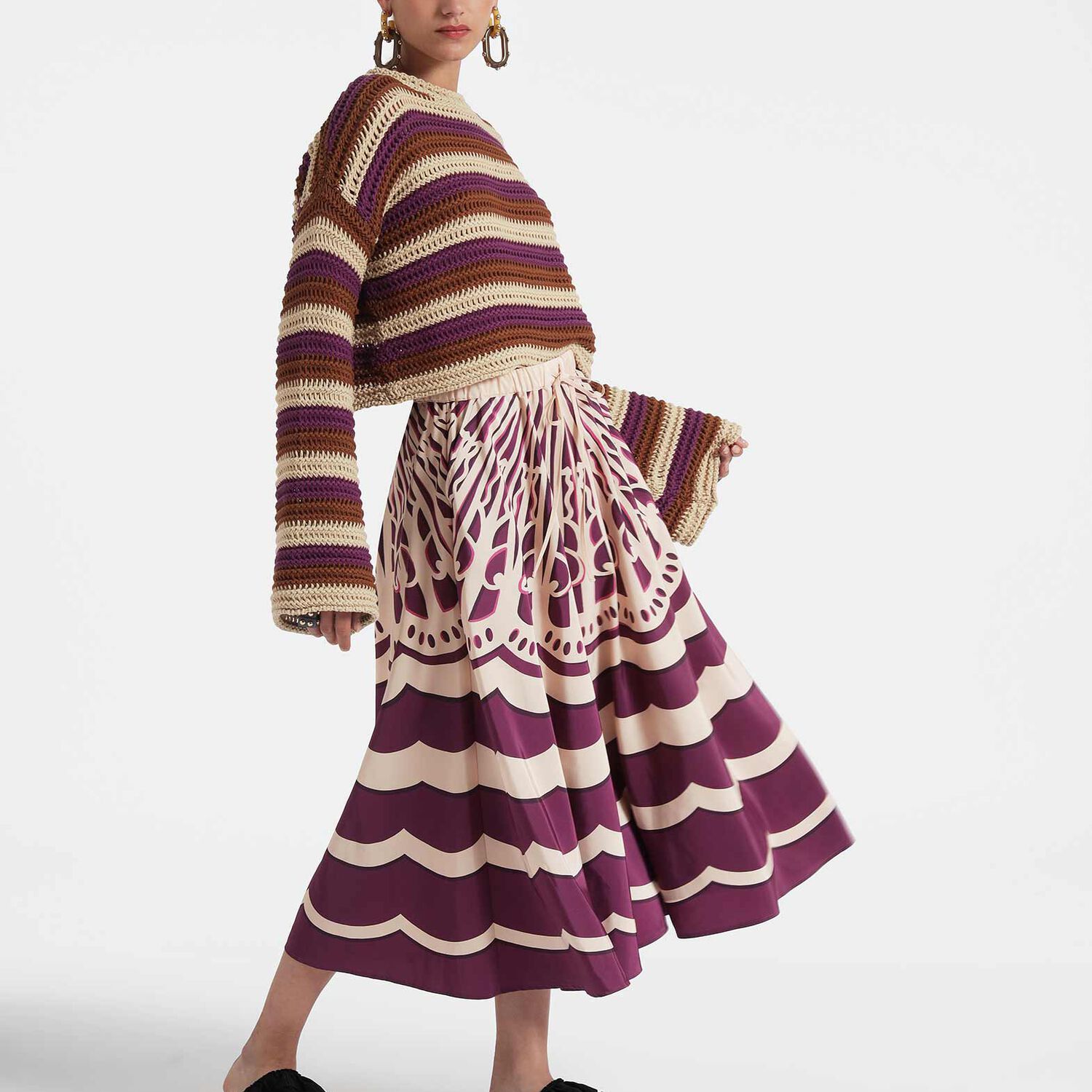 La Doublej Fans-print Drawstring Midi Skirt In Fans Placée Purple