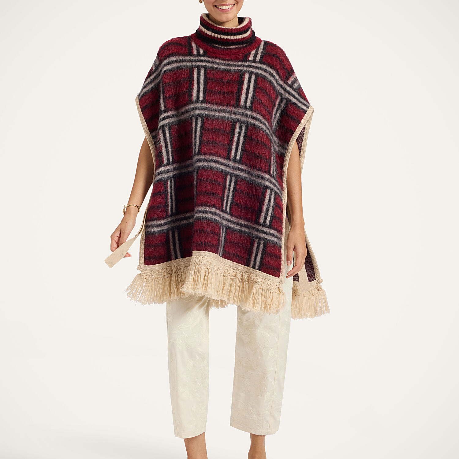 La Doublej Check Poncho In Kells Check Burgundy, Black, And Ecru