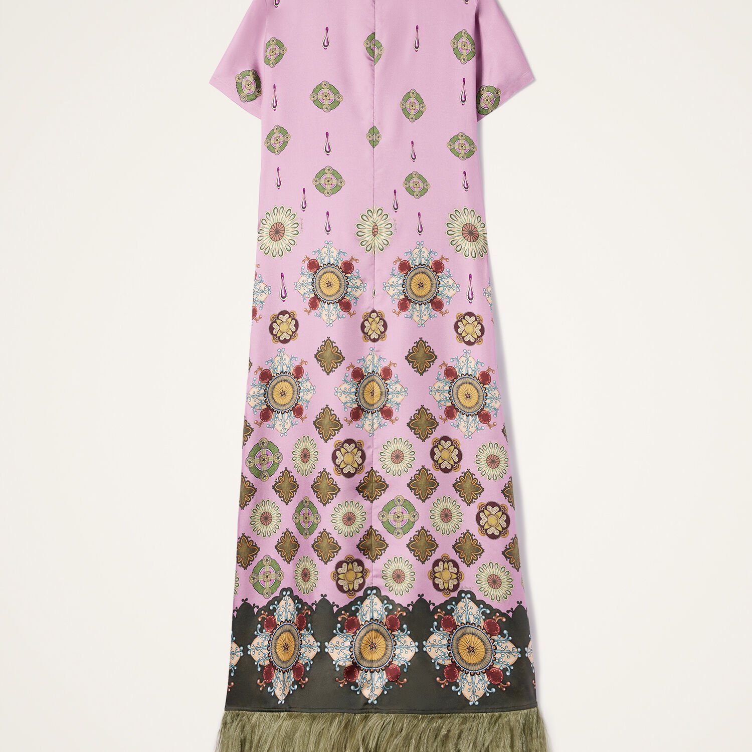 La Doublej Swing Feather-trimmed Printed Silk-twill Maxi Dress In Pink