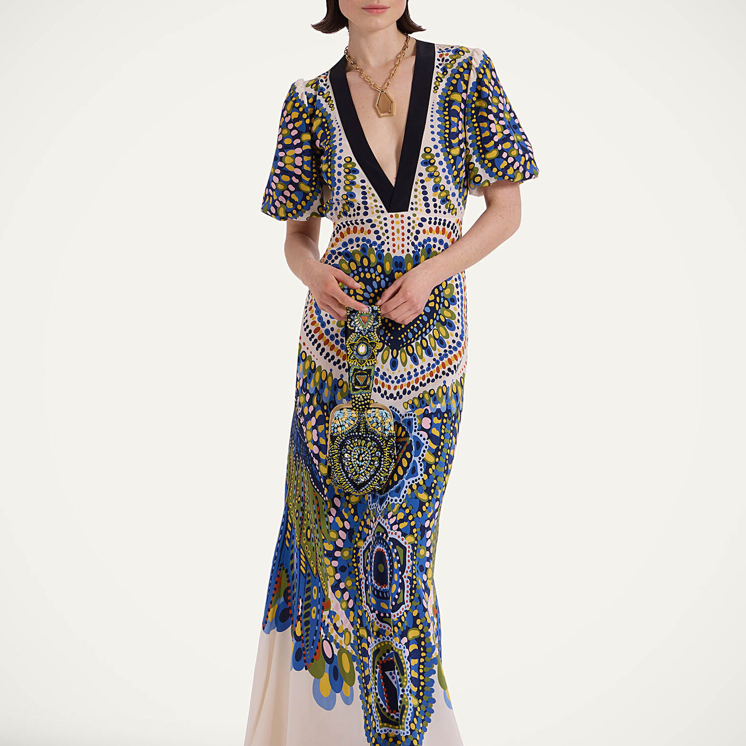La Doublej Marlene Multicolor Long Flared Dress With V Neck And All-over Graphic Print In Silk Woman In Chakra Placée Multicolor