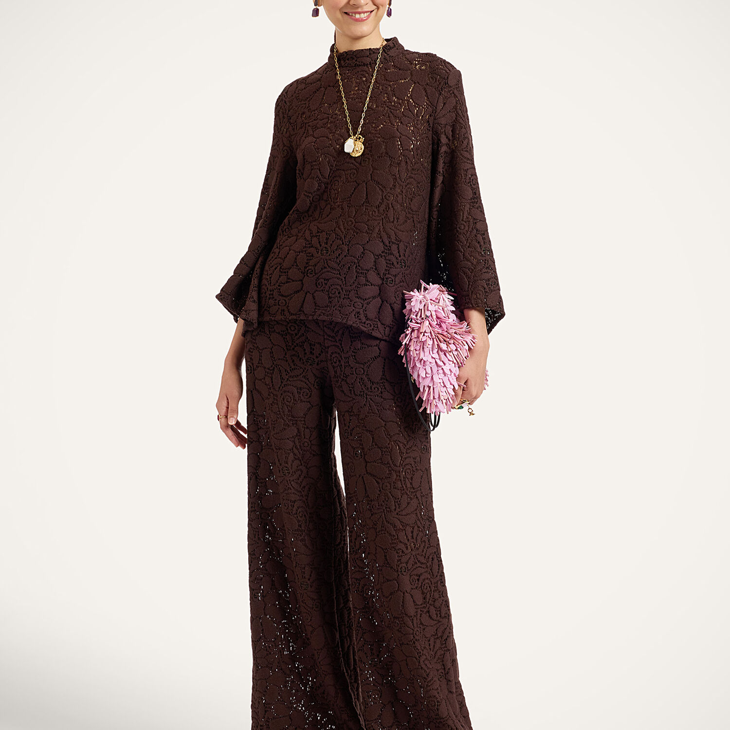 La Doublej Lacey Palazzo Pants In Solid Chocolate