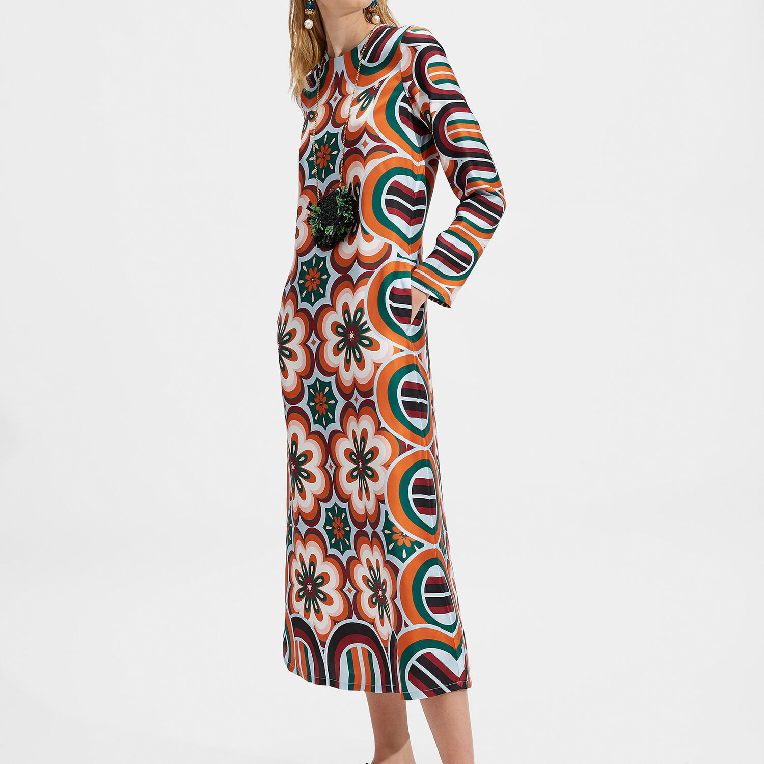La Doublej Long Sleeve Swing Dress (placed) In Ciccio Arancio