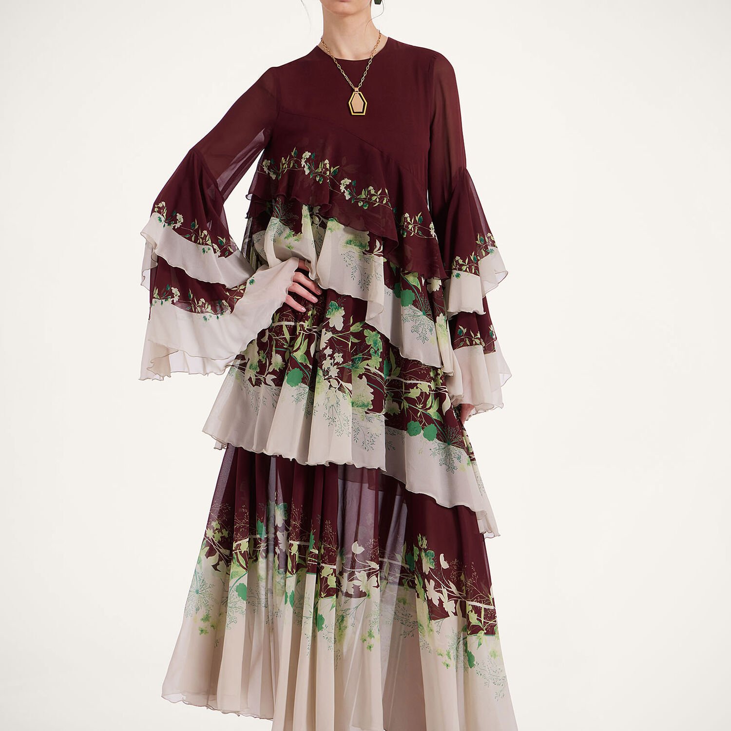 La Doublej Naiad Floral Tiered Long Cascading Dress In Woodland Placée Burgundy