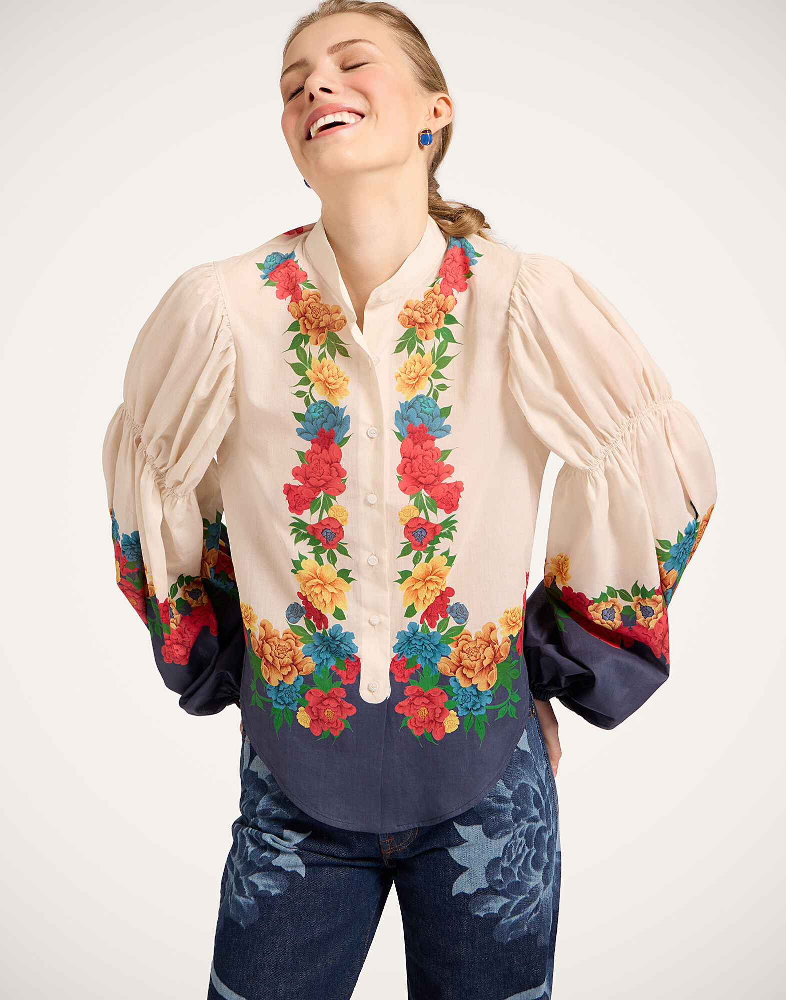 La DoubleJ Pina Shirt Princess Peony Plac&eacute;e Ivory SHI0166COT093PPE02WH04