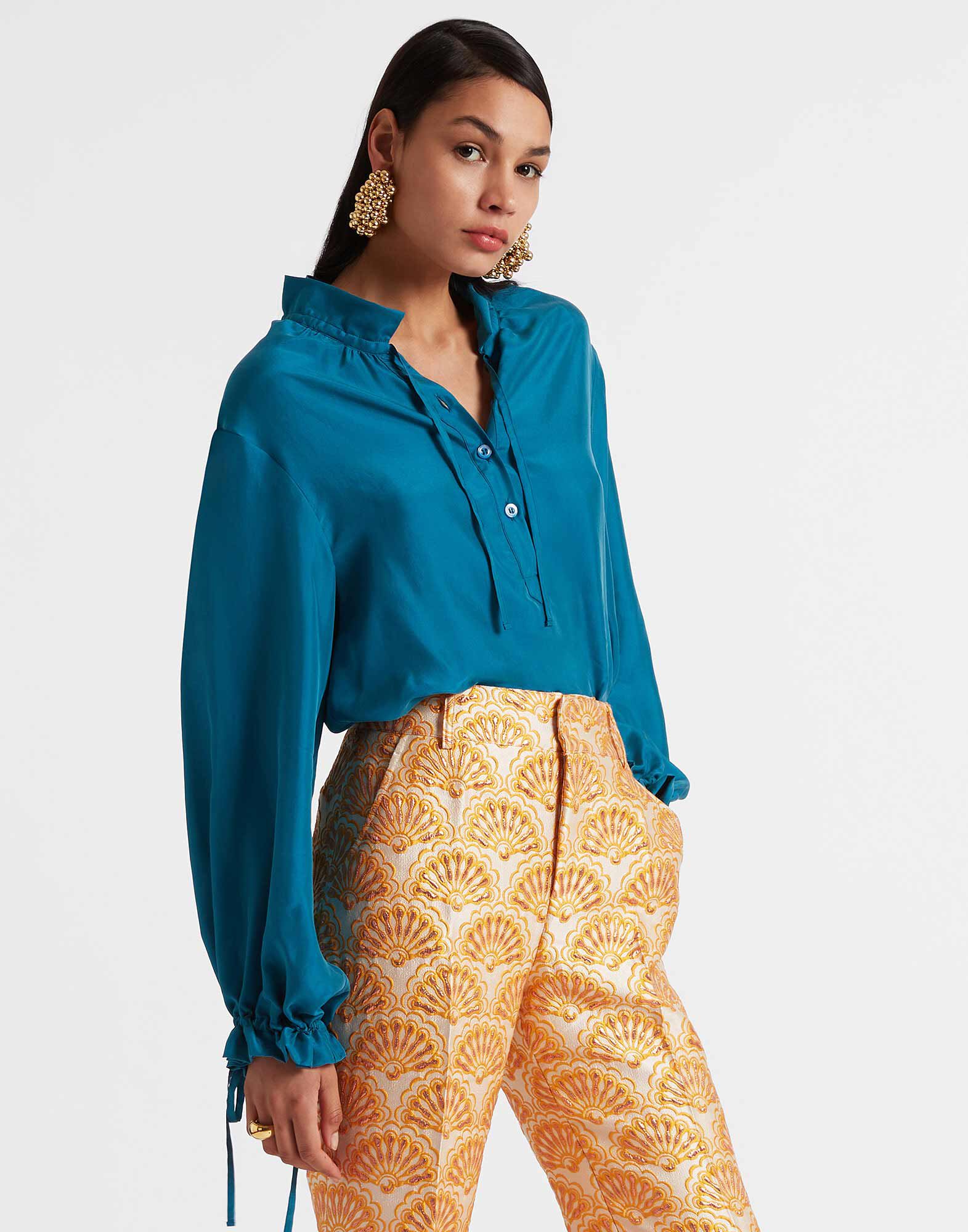 Kate Young x Splendid Silk Button-Down Denim-Print Shirt